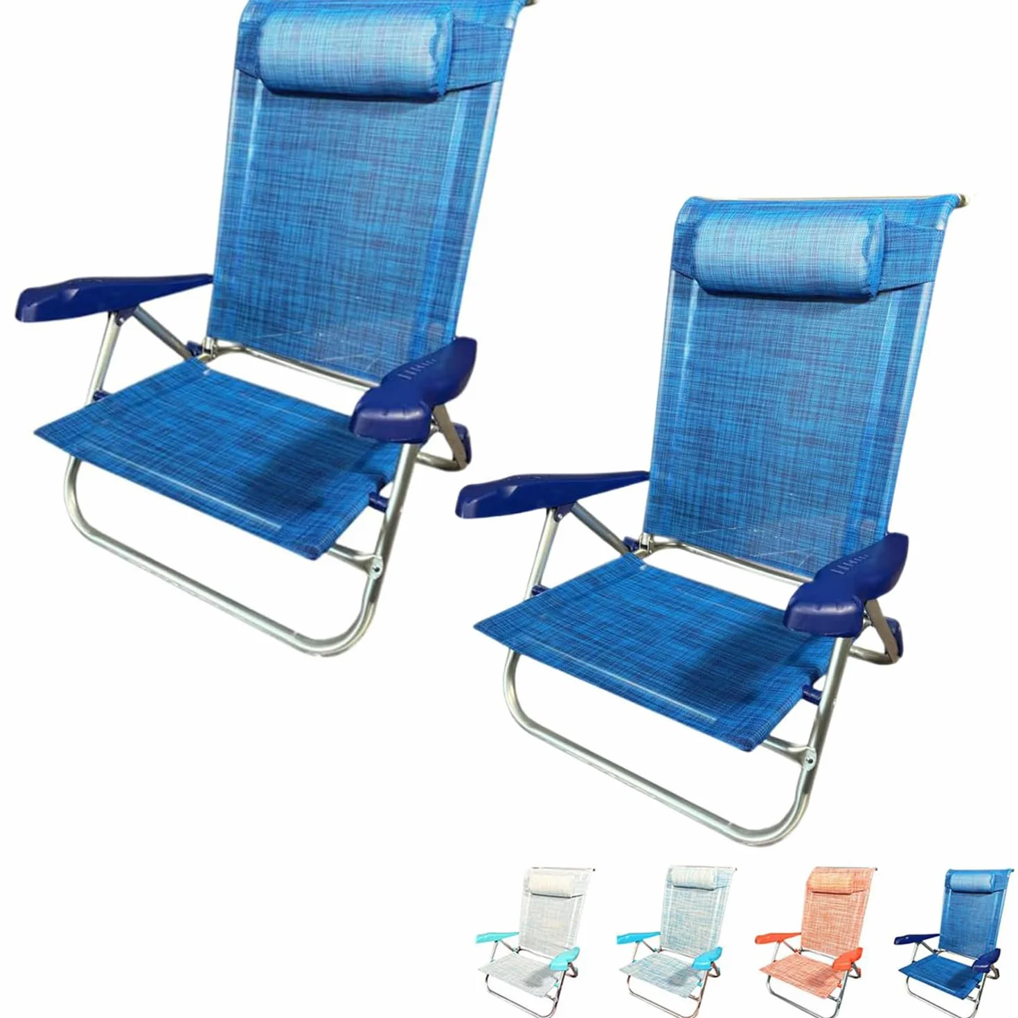 PALUPLUS 2 Spiaggine Pieghevoli con Braccioli, Misura 55x46x80 cm, Struttura Alluminio, Reclinabile in 7 Posizioni, Cuscino Poggiatesta, Sedia per Spiaggia, Piscina, Portata 100Kg -1771F (Blu)