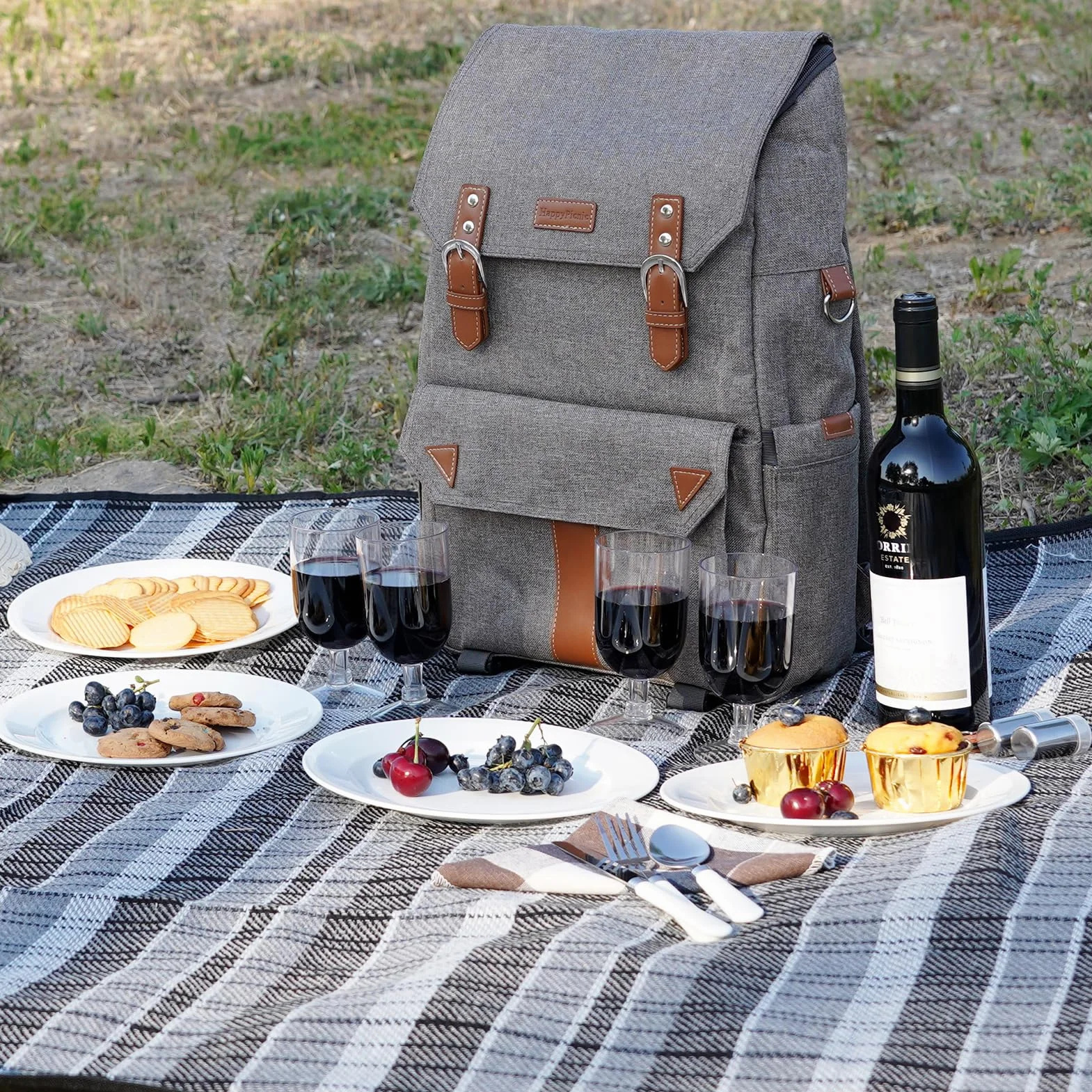 HappyPicnic Zaino da picnic per 4 persone isolato con set completo di stoviglie, ampio scomparto refrigerante, portabottiglie e grande coperta da picnic impermeabile