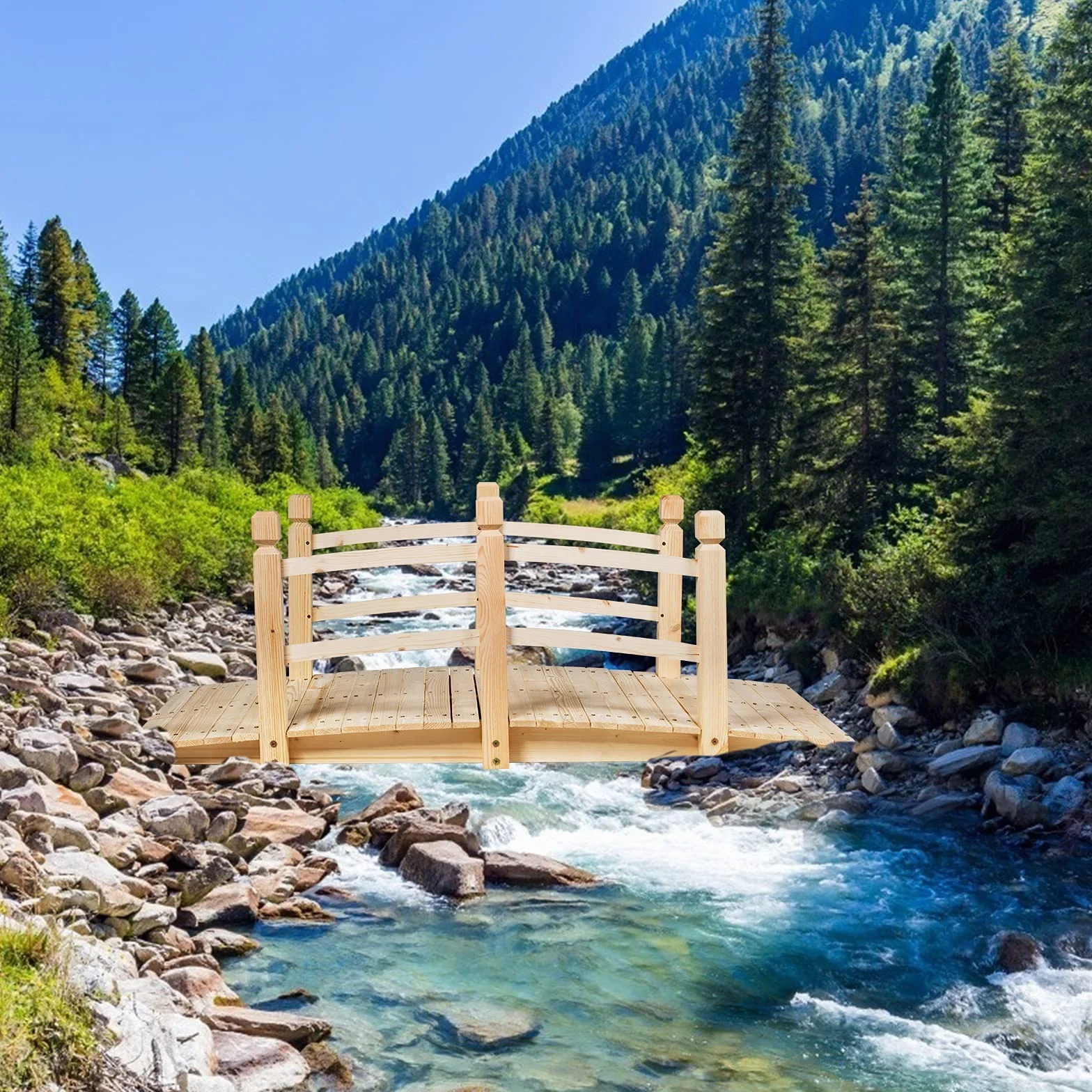 GYMAX Ponte da Giardino in Legno Lungo 150cm，Ponte Paesaggio Antico, Decorazione per Esterno (Naturale)