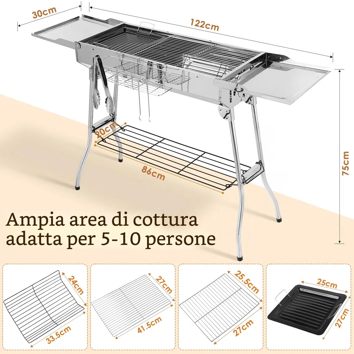 Griglia a Carbone Barbecue a Carbonella XXL, Portatile Pieghevole in Acciaio con Doppie ali, Antiadherente