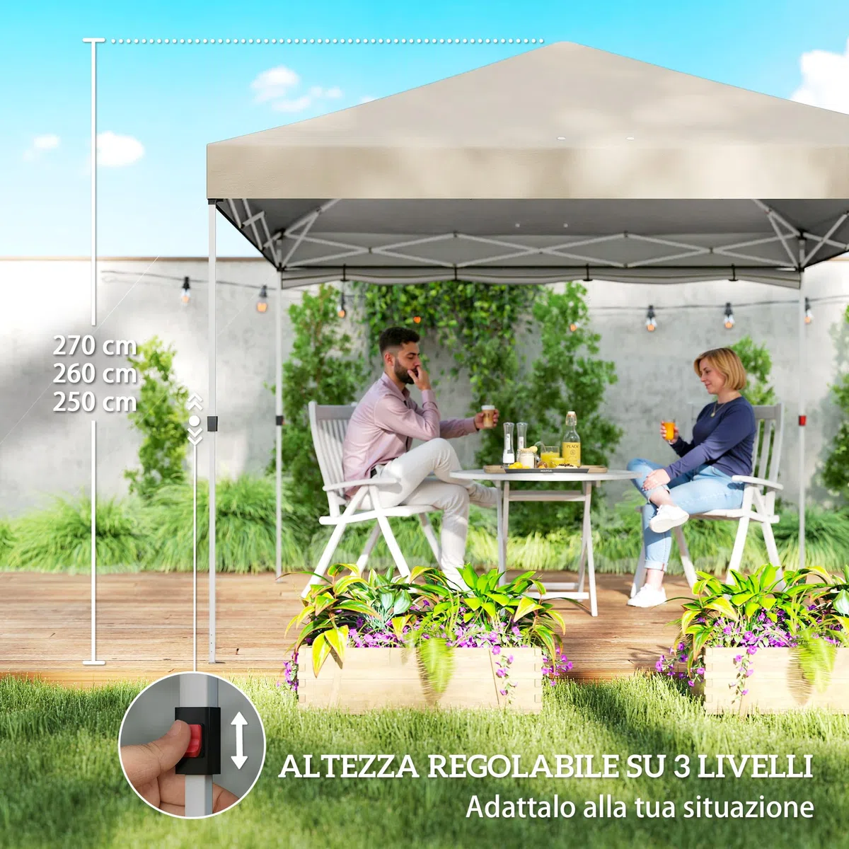 Outsunny Gazebo Pieghevole 3x3m Pop Up con Parete Laterale, Altezza Regolabile, UV50+, Beige