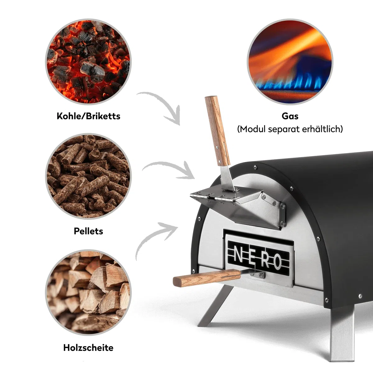 Forno per pizza BURNHARD oltre 500°C, pietra in cordierite, acciaio inox, mobile, nero