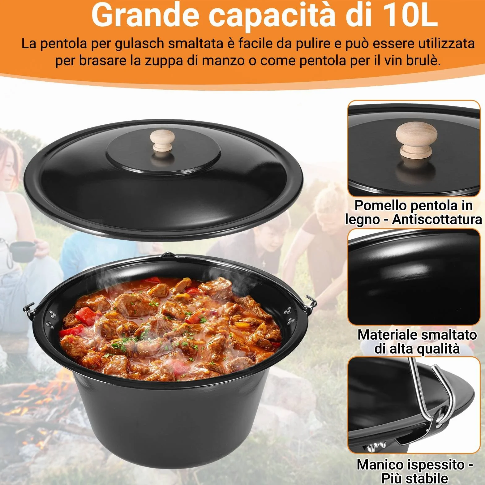 TLSUNNY Bollitore per Gulasch Ungherese Originale 10 L, Telaio per Treppiede con Regolazione, Set di Pentole per Gulasch, Pentola per Gulasch Smaltata, Treppiede Telescopico con Picchetti per Picnic
