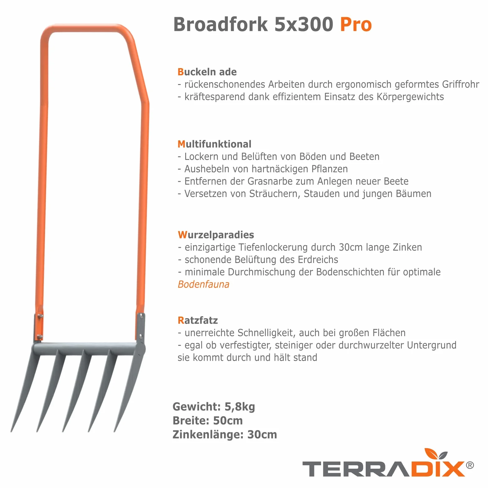 Forca vanga TERRADIX 5 x 300 - Larghezza di lavoro 50 cm- Lunghezza dei denti 30 cm
