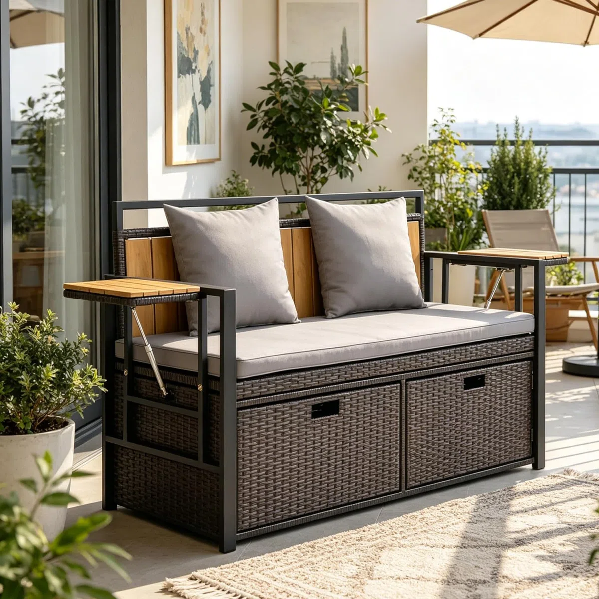SOARS Divano da Giardino 2 Posti, Panchina da Esterno in Rattan PE con Contenitore, Cuscini Imbottiti e Tavolini Pieghevoli, Salotto da Giardino per Balcone e Terrazza, 120 x 51 x 82 cm (Grigio)