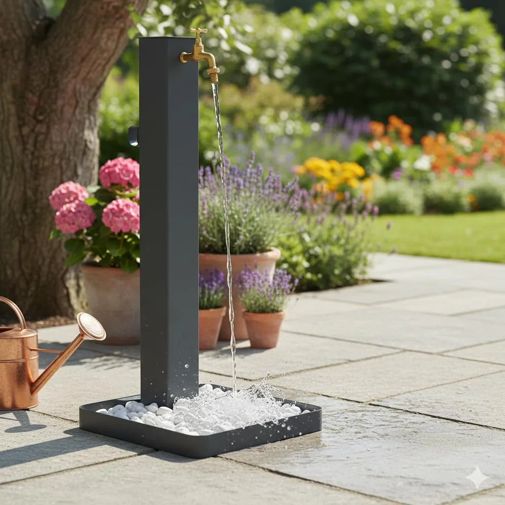 Fontana da Giardino Design a Colonna Quadrata Rubinetto in Ottone Base Ciottoli Antracite