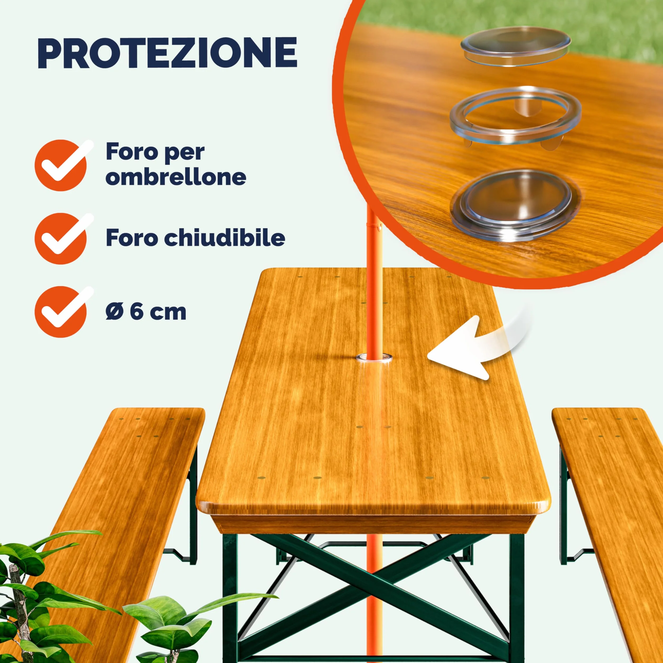 Casaria Pieghevole Set Tavolo da Birreria 170cm con Foro Ombrellone 2x Panche in Legno da Giardino