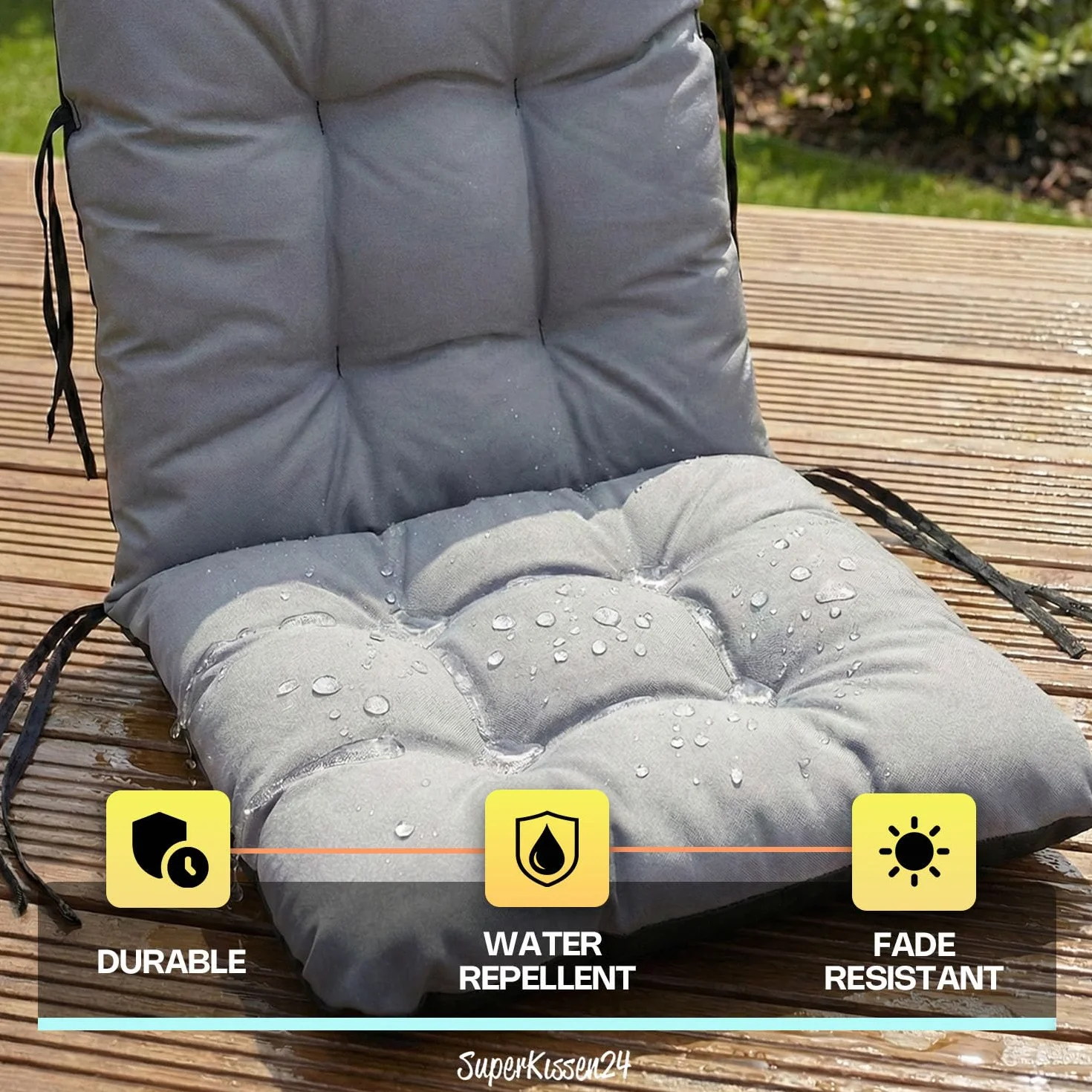 SuperKissen24. Set di 2 Cuscini per Sdraio 96x48 cm da Esterno ed Interno Resistente e Comodo per Sedie Reclinabili, Spiaggine e Poltrone da Giardino - Grigio