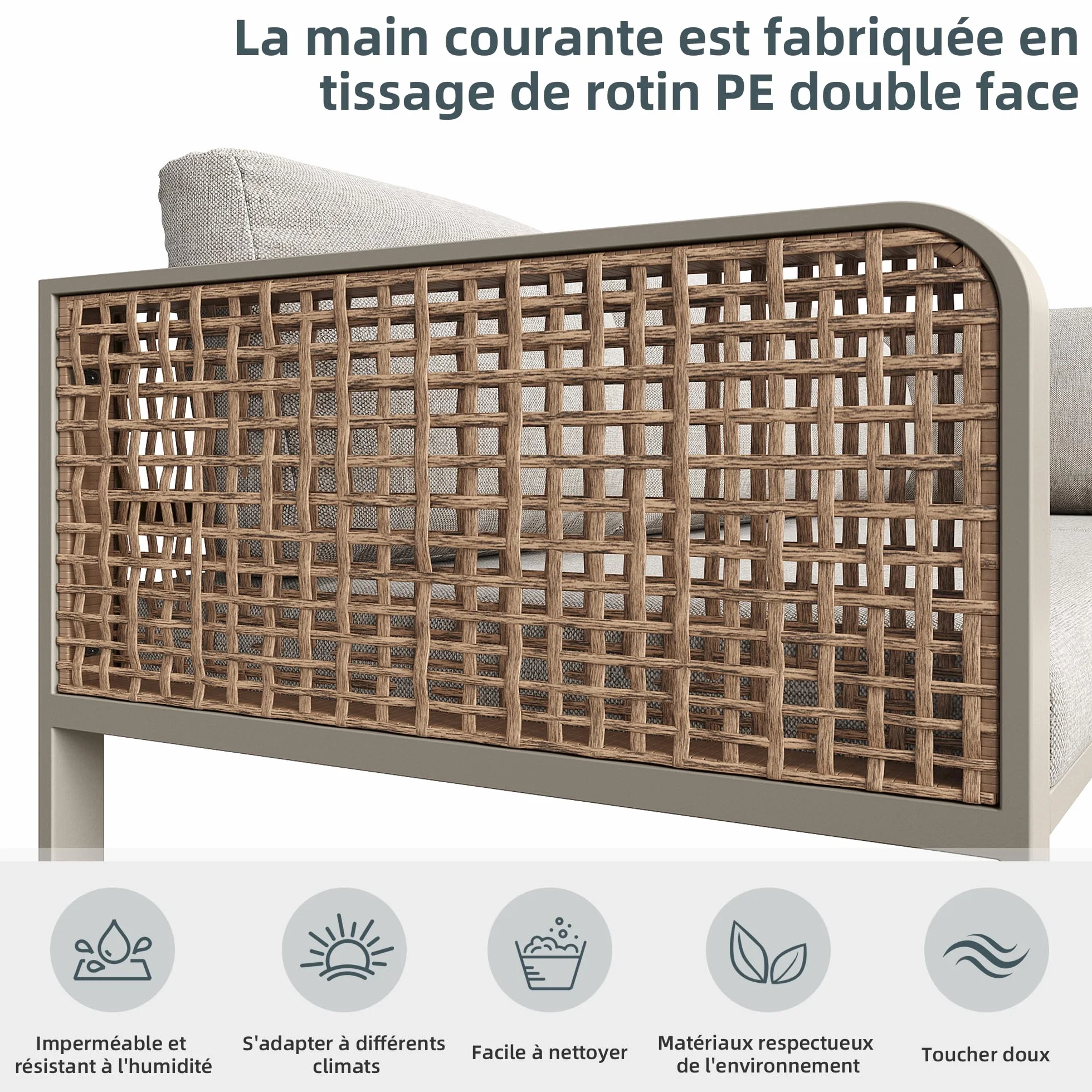 Set divano angolo rattan ferro zincato 120x61x69 cm beige per 6-7 persone