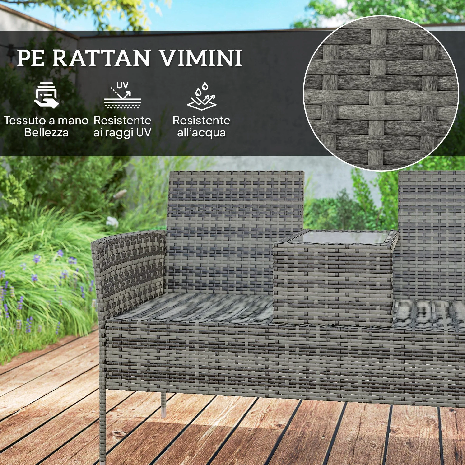 Outsunny Panchina da Giardino a 2 Posti in Rattan e Acciaio, Panchina da Esterno con Cuscini e Tavolino da Caffè Centrale in Vetro Temperato, Divano da Esterno, 135x64x81 cm, Grigio Scuro