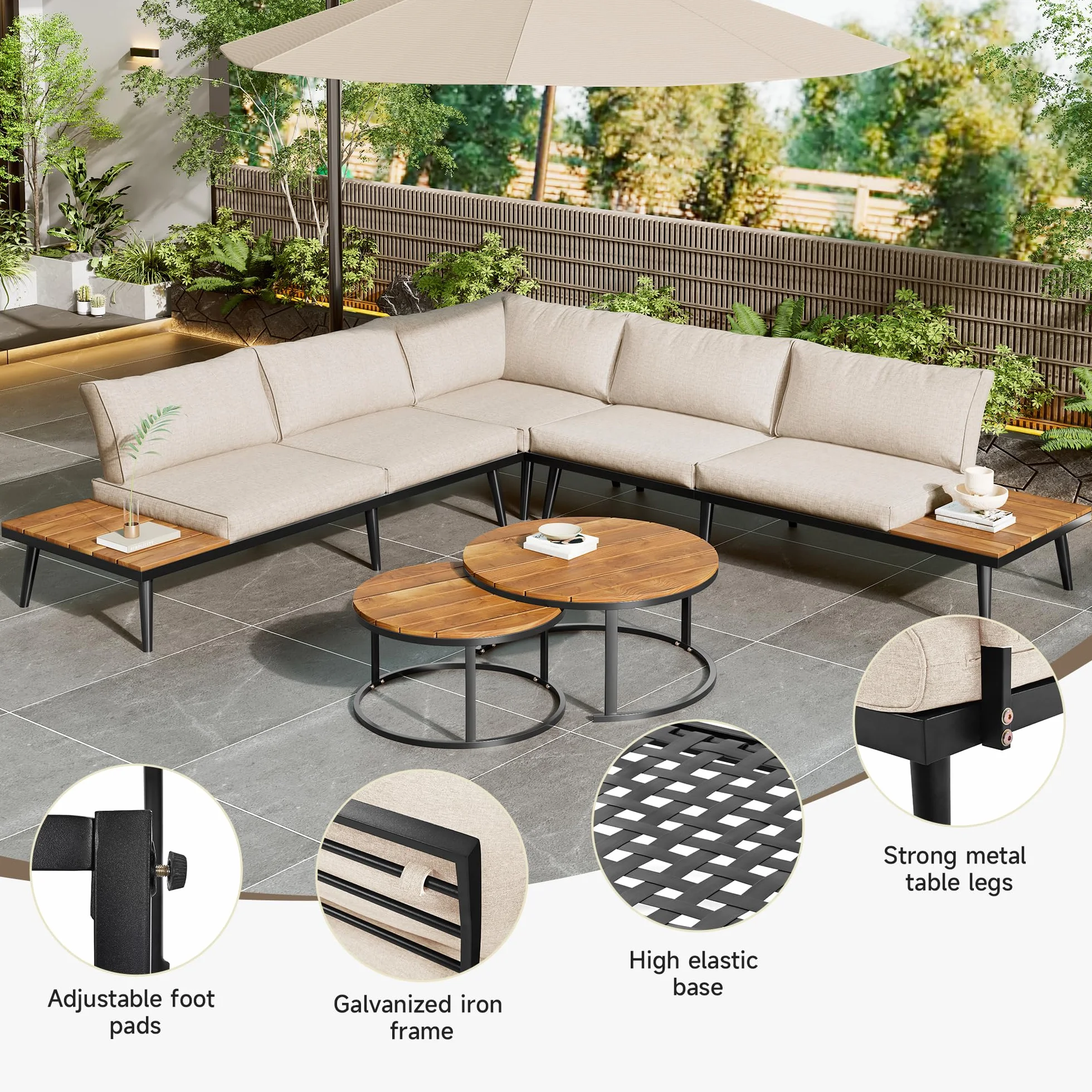 Moimhear Set sala da giardino per 5-6 persone, mobili da giardino in ferro zincato, 6 pezzi
