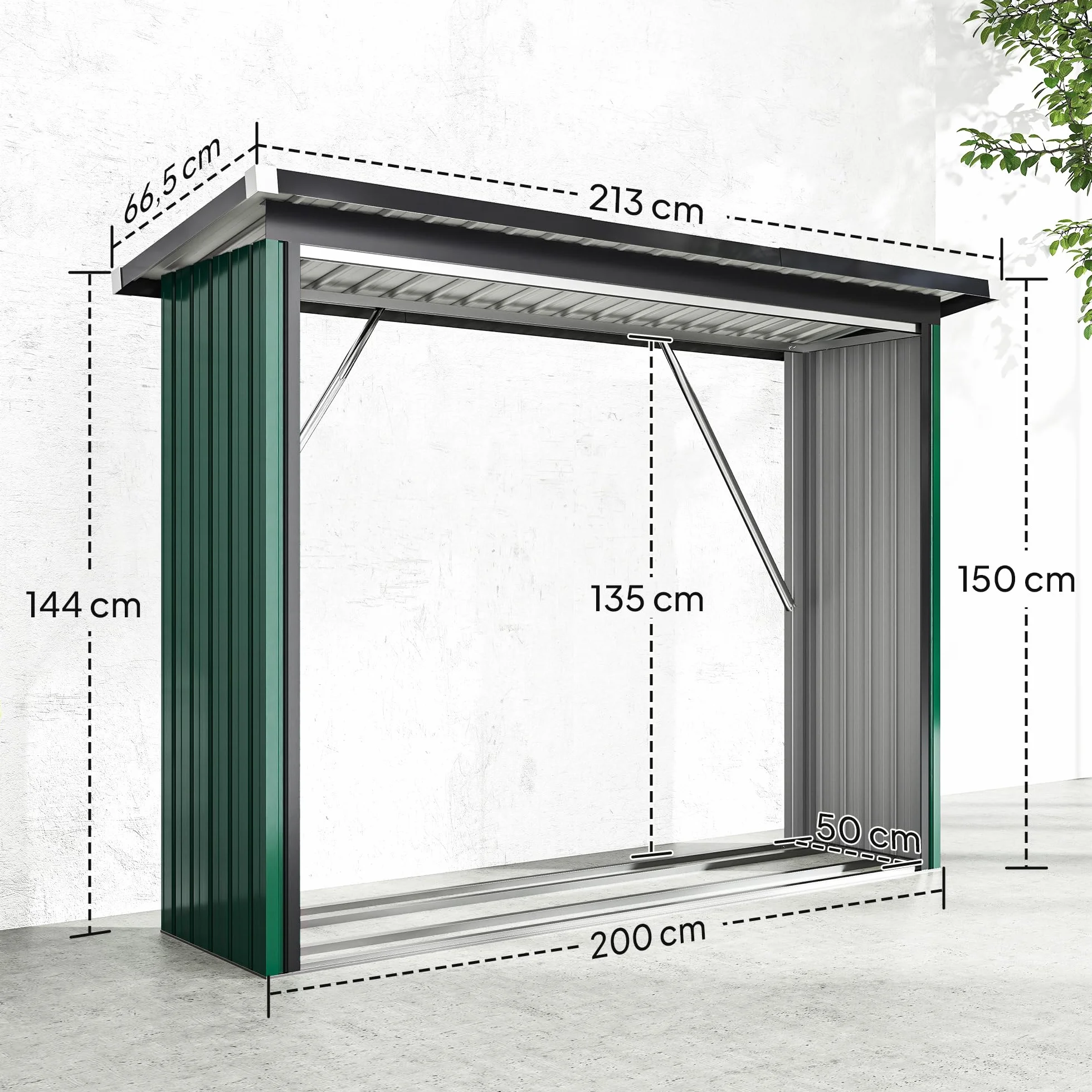 Outsunny Albero Coperto Acciaio Zincato Supporto Legna Riscaldamento 213 x 66,5 x 150 cm Verde