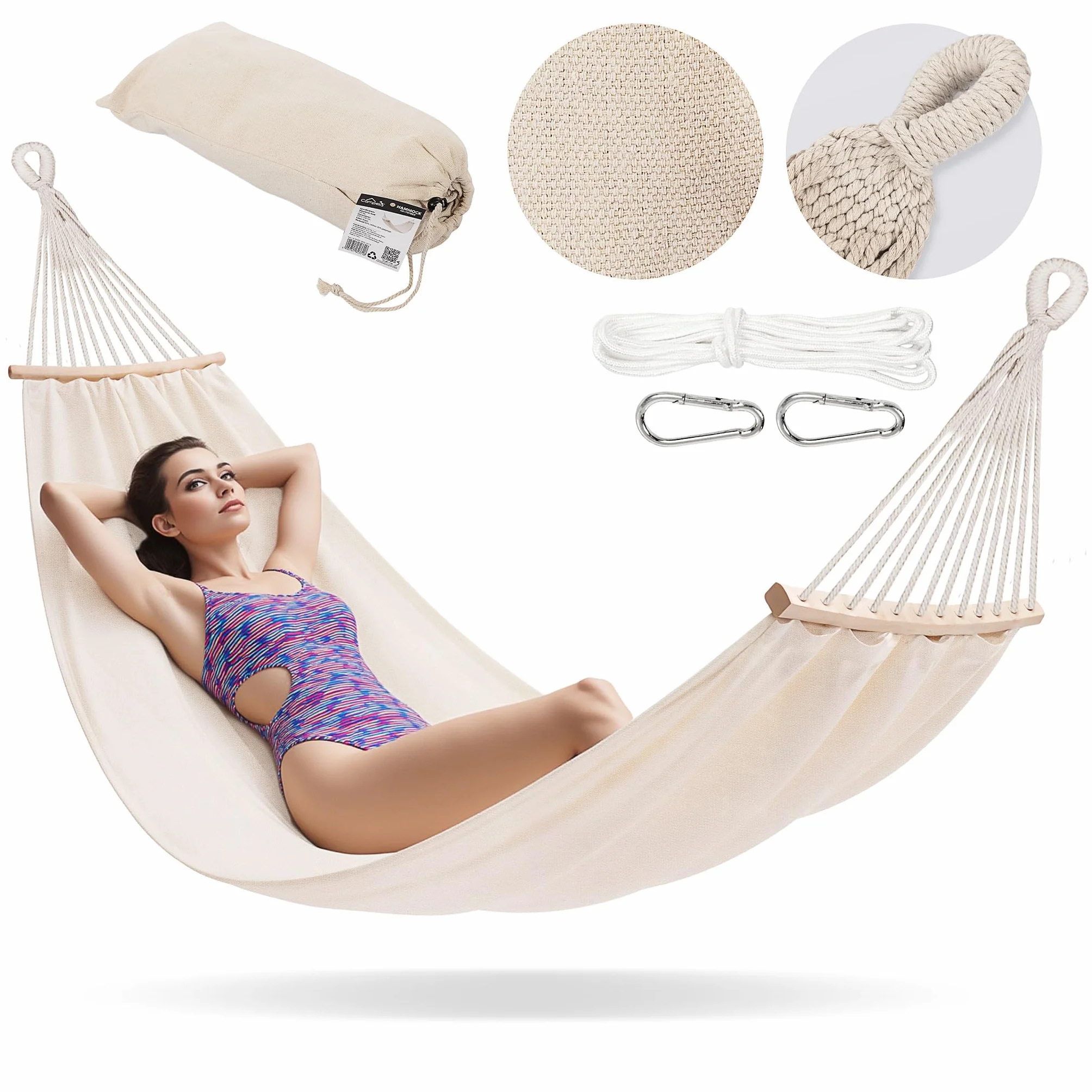 Amaca Doppia 200x150 cm Portata 240 kg Boho Beige Cotone Poliestere Giardino Terrazza