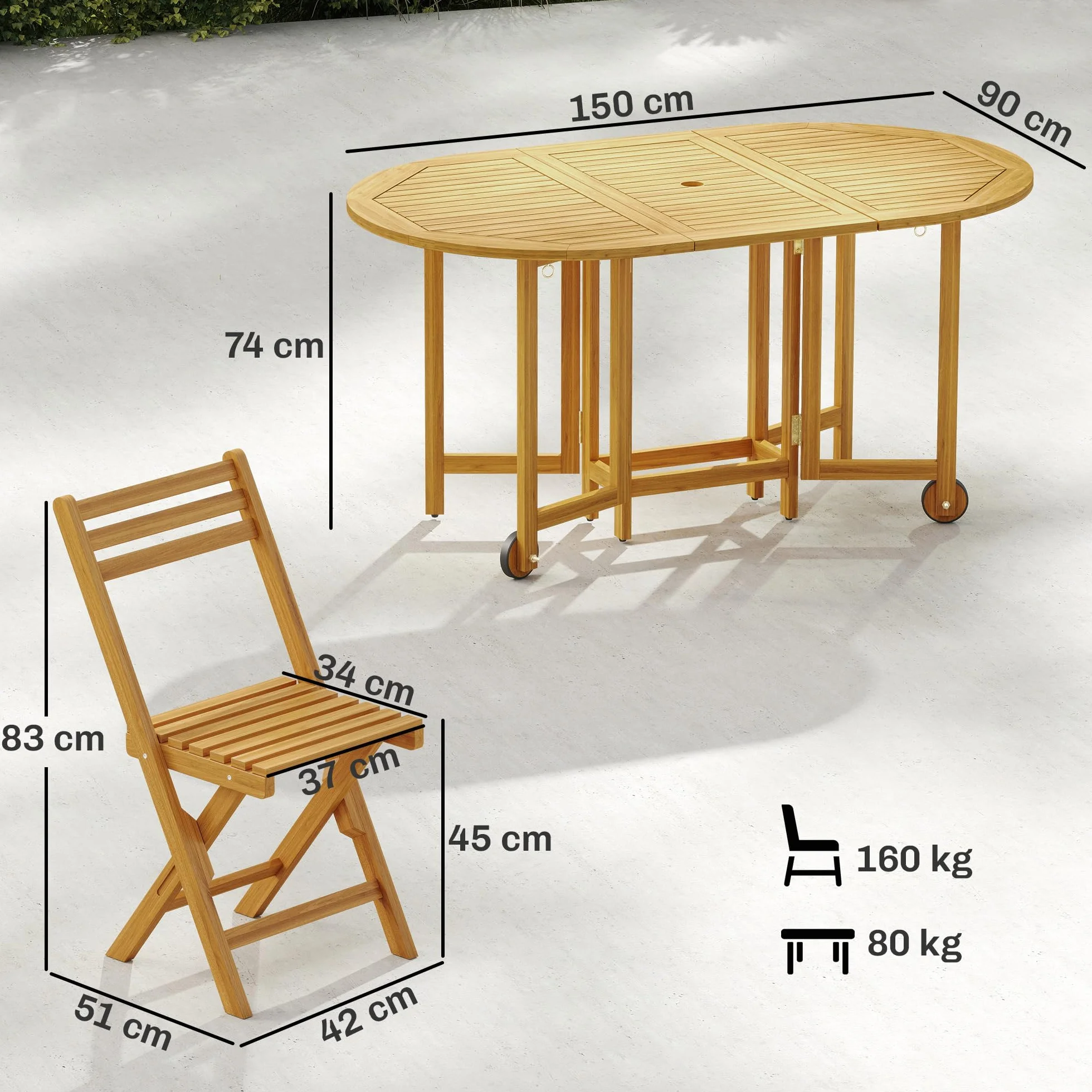 Outsunny Set Tavolo e Sedie da Giardino 7 Pezzi in Legno Acacia Pieghevole con Foro Ombrellone Ruote