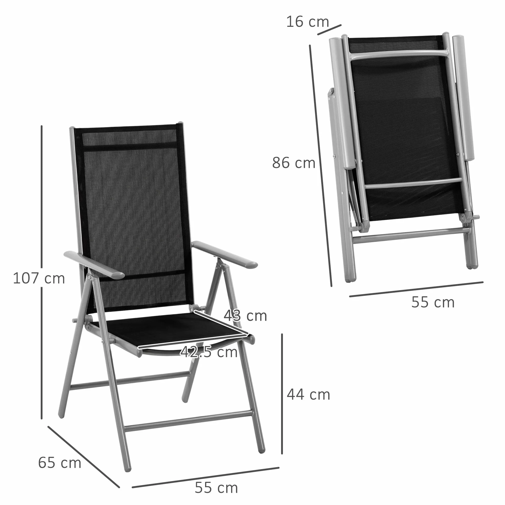 Outsunny Sedia da Giardino Pieghevole Alluminio Texteline Schienale Regolabile 7 Livelli Nero 65x55x85-105cm