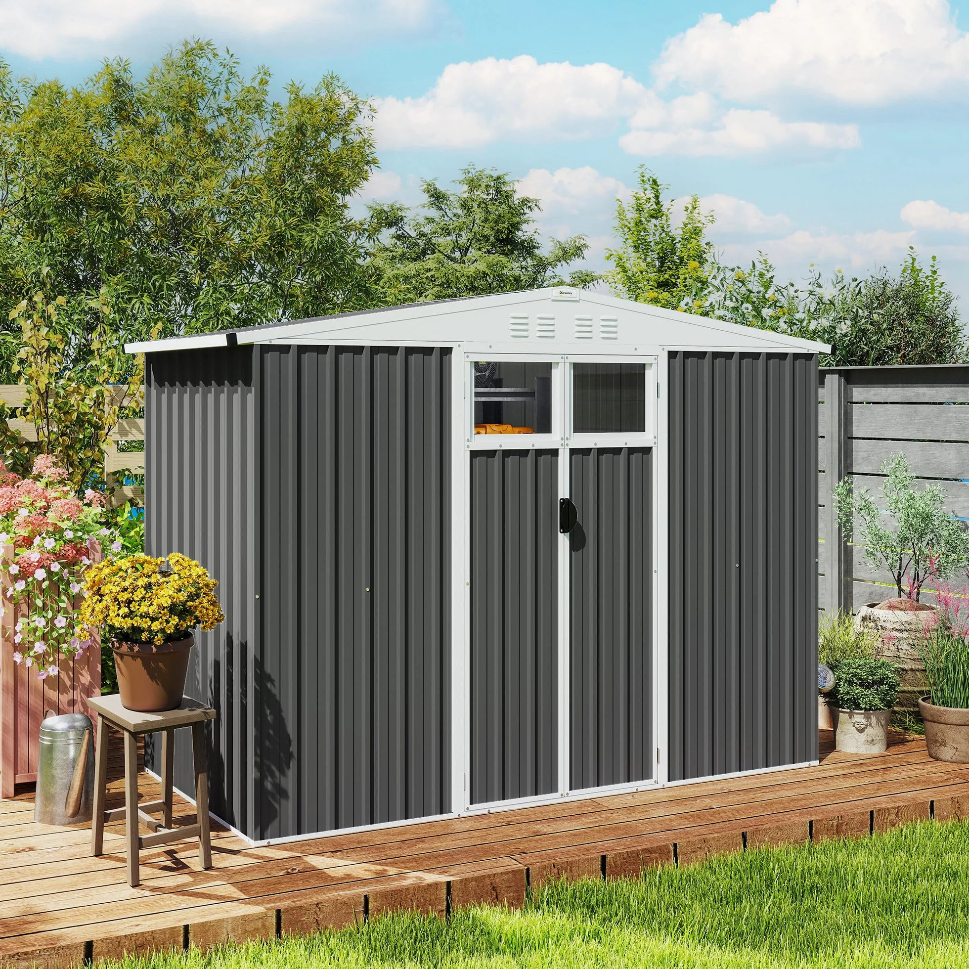 Outsunny Casetta da Giardino 2.7m² in Acciaio Zincato con 4 Prese d'Aria e 2 Finestre Trasparenti, Capanno Porta Attrezzi con Tetto Inclinato, Doppio Porte Bloccabili con Chiavi e Guanti Grigio Scuro