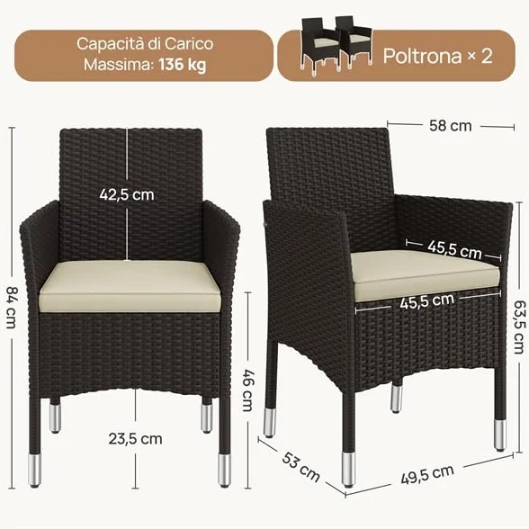 Yaheetech Set di 2 Sedie da Giardino in Poly Rattan con Braccioli e Schienale Regolabile, per Esterno