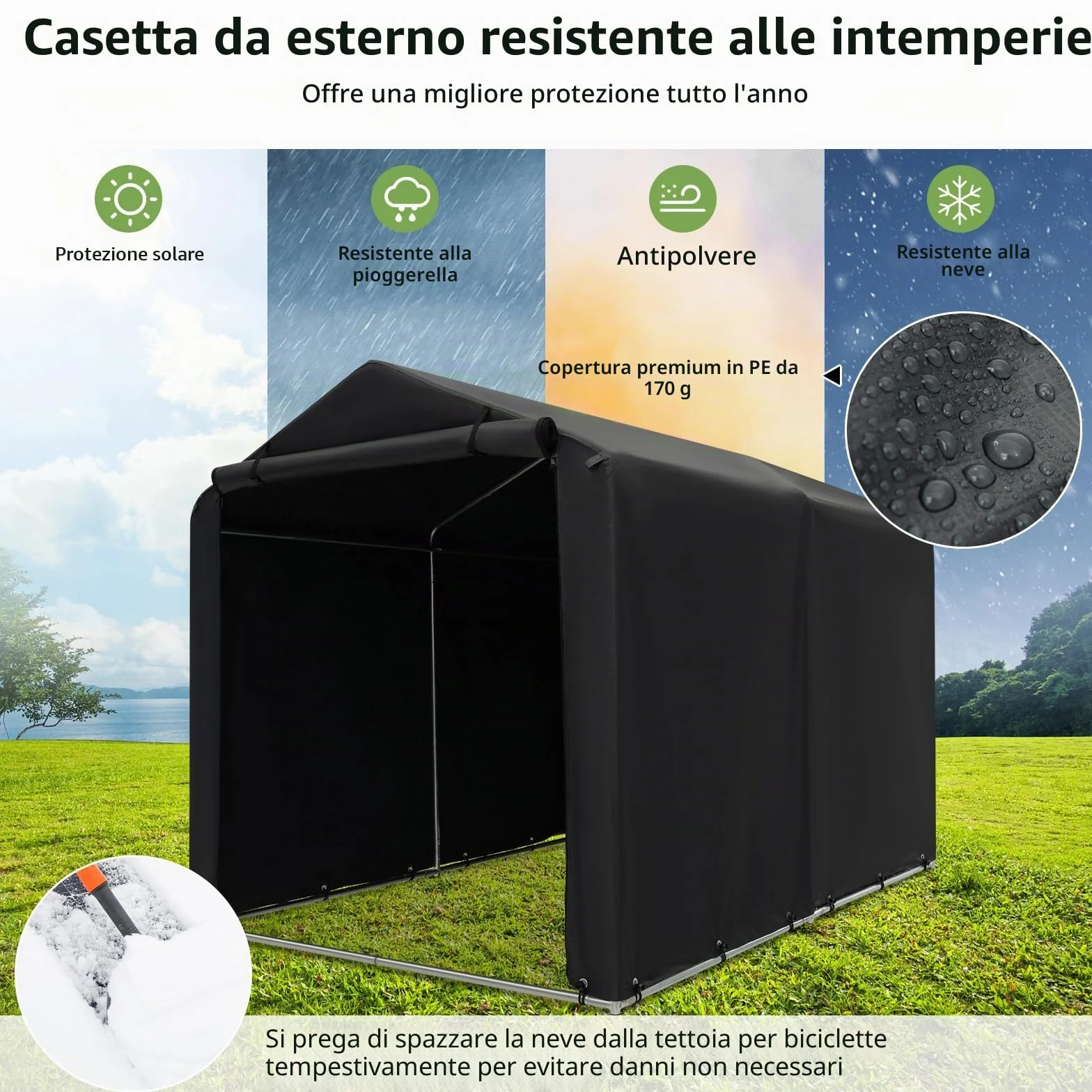 SOARS Capanno da Giardino 218 X 160 X 164 CM, Tenda Garage per Bici Moto Attrezzi, con Copertura en PE Impermeabile, Porta con Cerniera, Telaio in Metallo, Picchetti, per Esterno (Grigio Scuro)