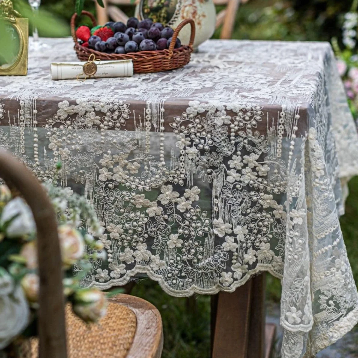Tovaglia in pizzo vintage tinta unita 220x130 cm rotonda rettangolare per tavolo da pranzo
