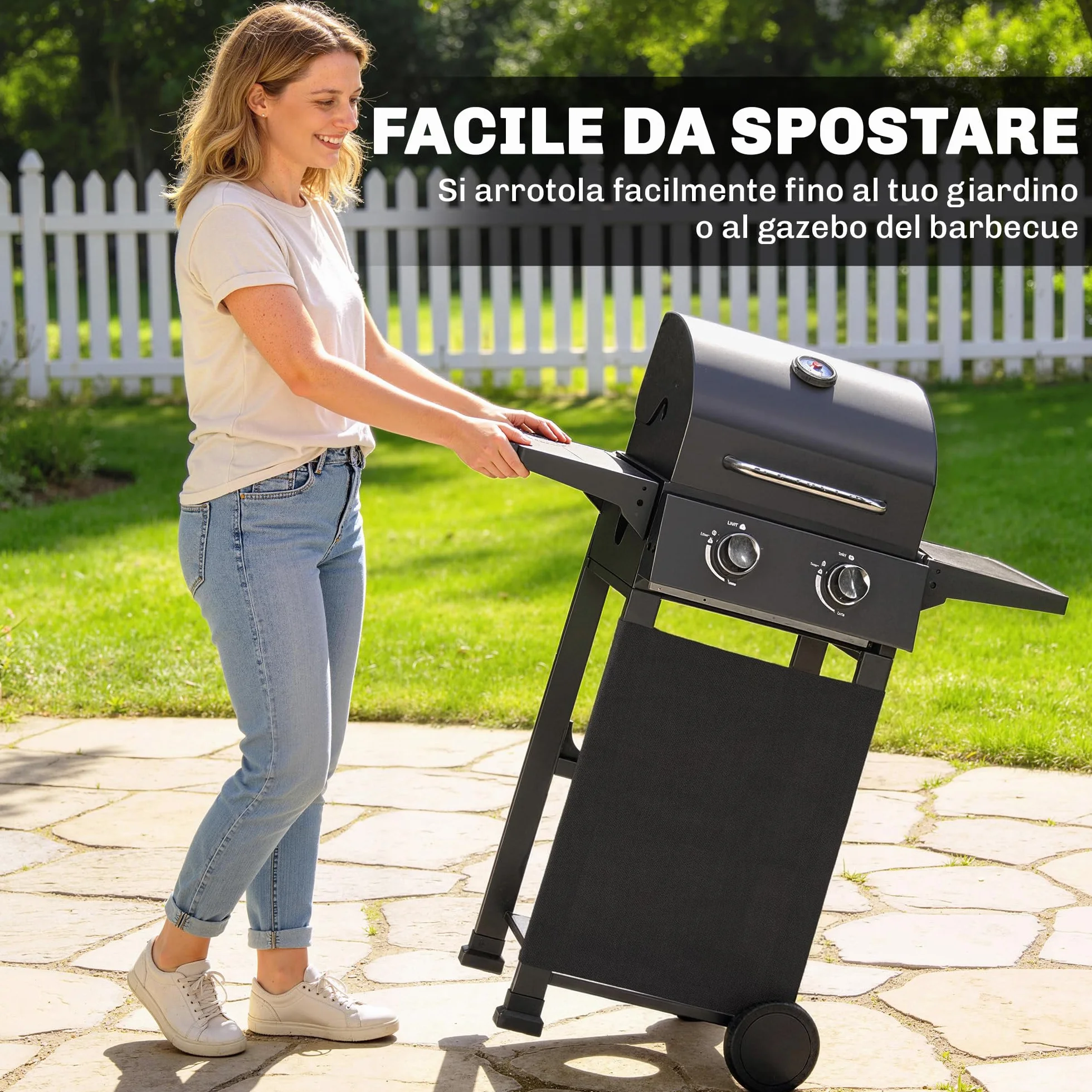 Outsunny Barbecue a Gas 2 Bruciatori 5.4 KW BBQ Portatile con Griglia Ripiani Pieghevoli Coperchio Termometro Ruote Nero