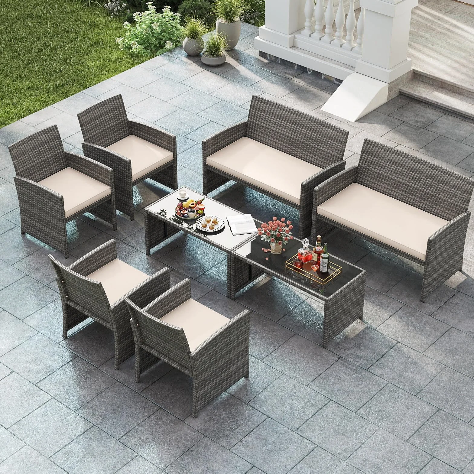 SOARS Set Mobili da Giardino in Rattan PE, Divano 2 Posti, 2 Poltrone, Tavolino Vetro, 4 Posti, Grigio+Bianco