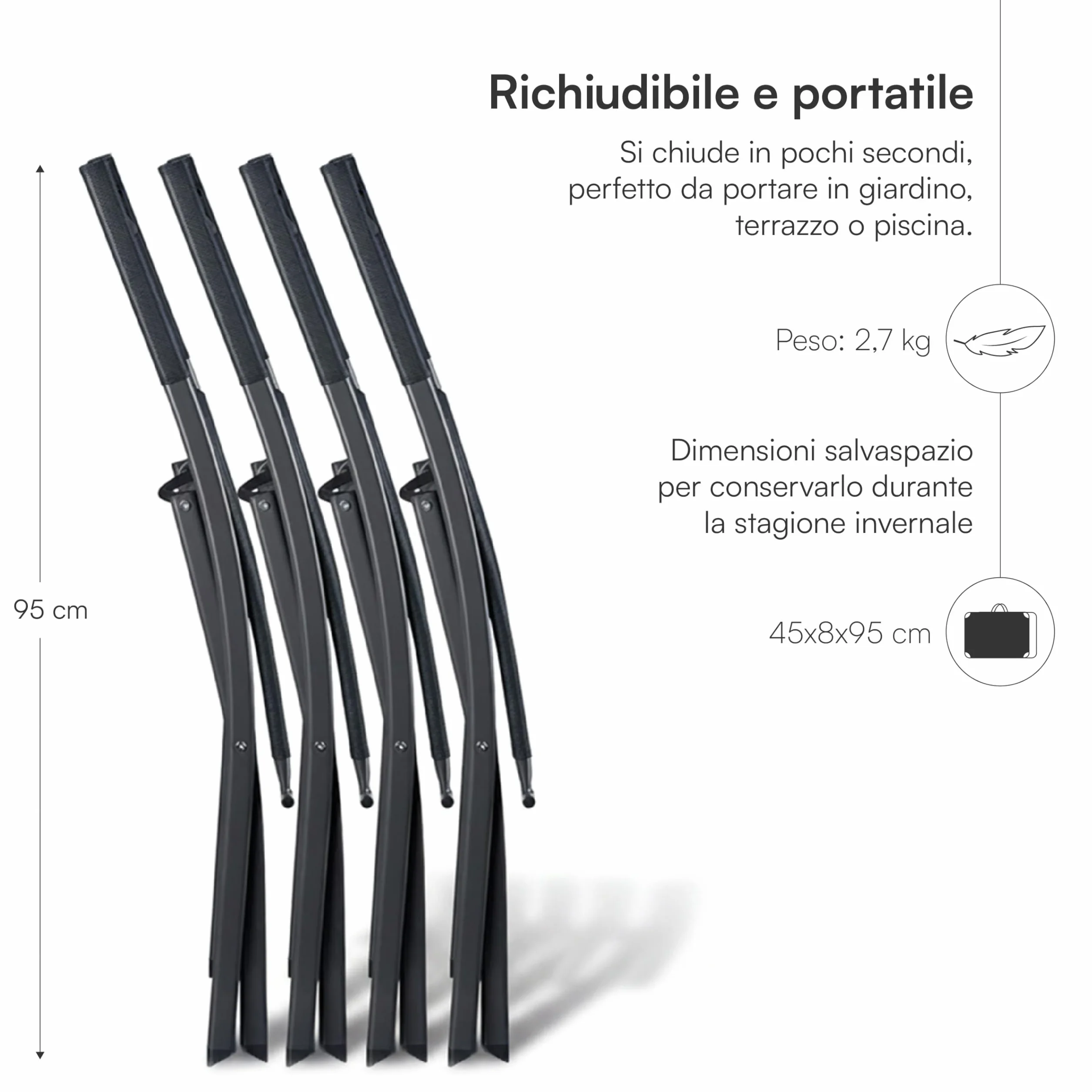 Baroni Home Set 4 Pieghevoli Sedie da Esterno, Sedie da Giardino Richiudibili Impermeabili, 45x45x80 cm Grigio