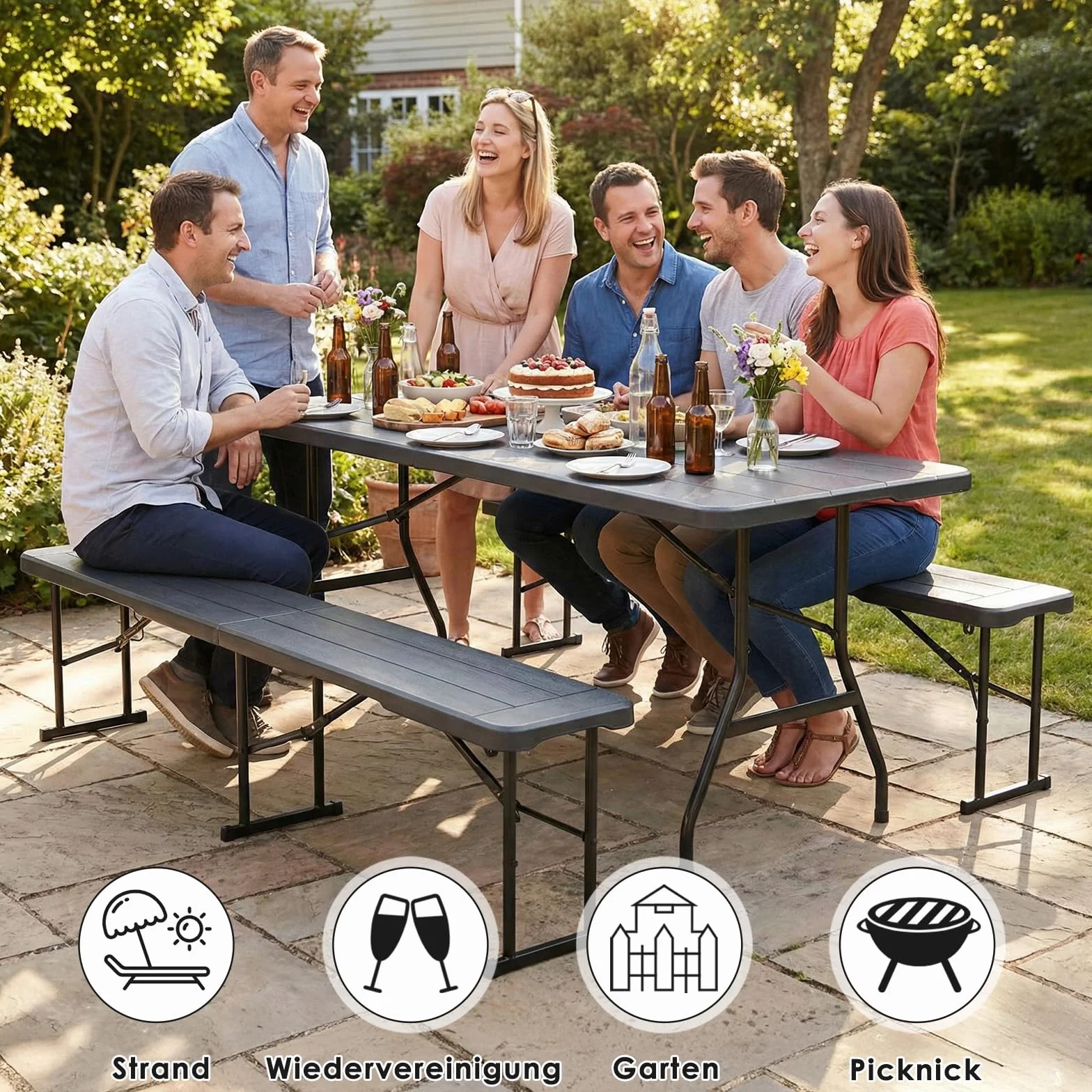 Set Tenda da Birra 3 Pezzi 180cm, Tavolo e 2 Panche Pieghevoli, Mobili da Giardino in Plastica HDPE