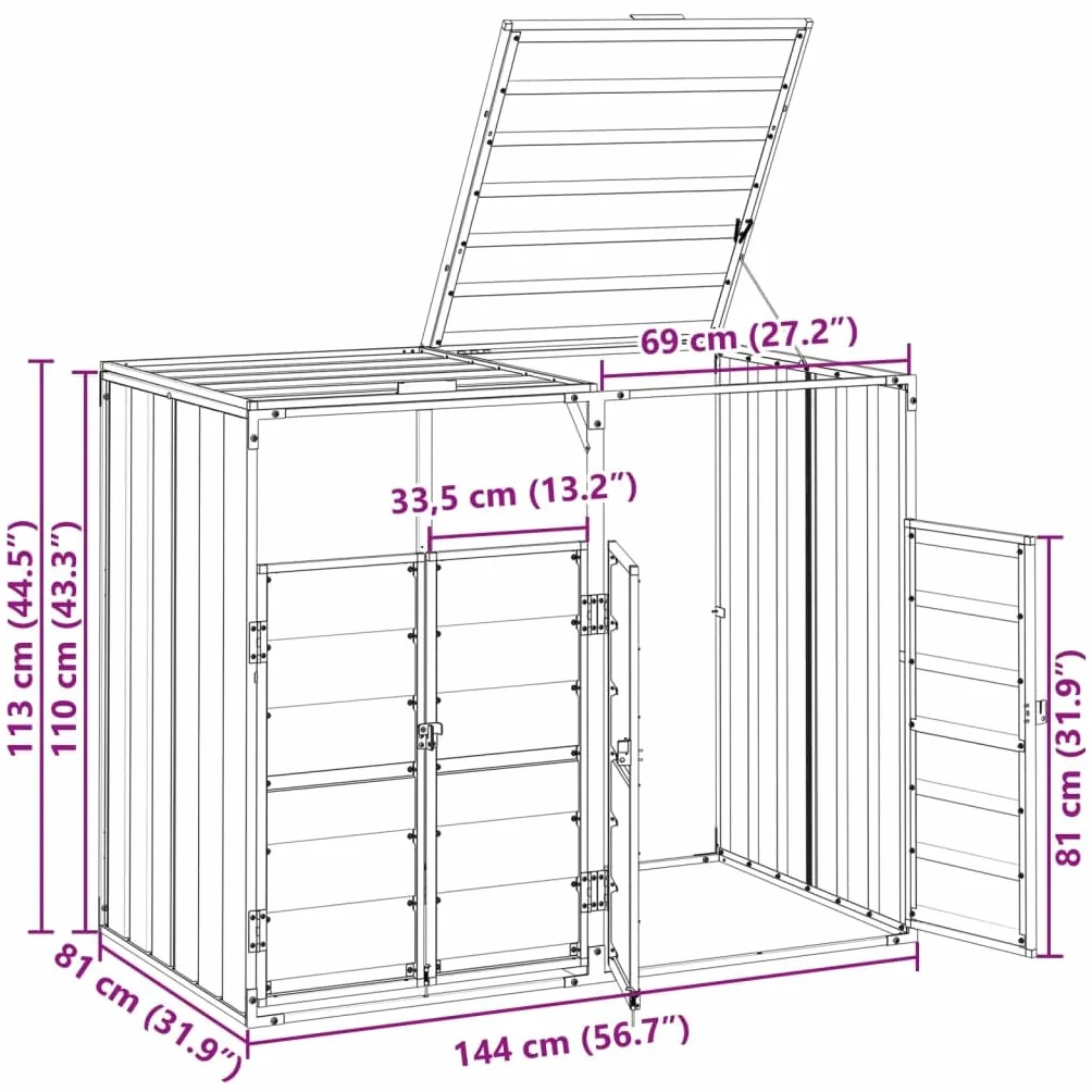 vidaXL Copribidone con Ruote per 2 Bidoni Grigio 144x81x113 cm Acciaio, copribidone singolo con ruote, copribidone da giardino, copertura per cassonetti