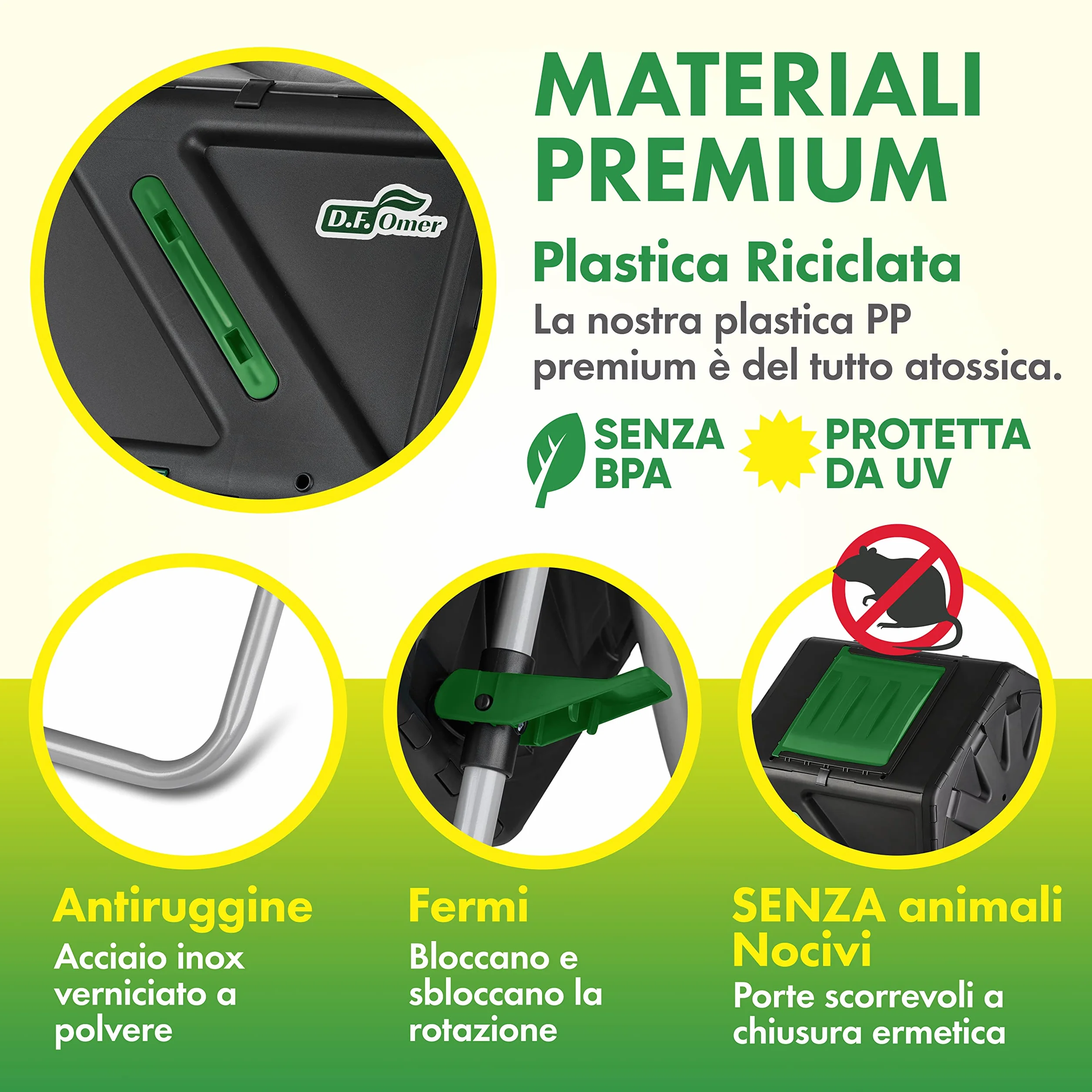 DF OMER, Contenitore Compostaggio Giardino a Camera Singola, Grande Volume, Design Compatto, Capacità 105 l, Compostiera Girevole Robusta per Tutte le Stagioni
