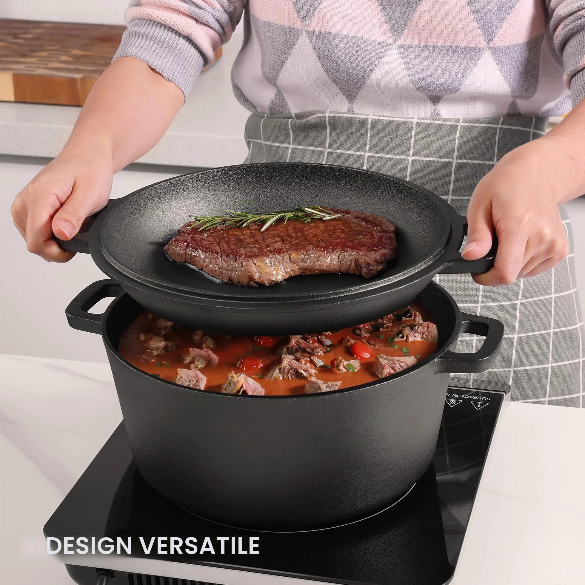 Navaris Pentola in Ghisa da Forno con Coperchio - Pentole e Padelle per Cuocere il Pane - Forno Olandese 4,7 l Ø 26 cm - Casseruola 2 Manici 2-in-1 - per Ogni Piano Cottura - Nero