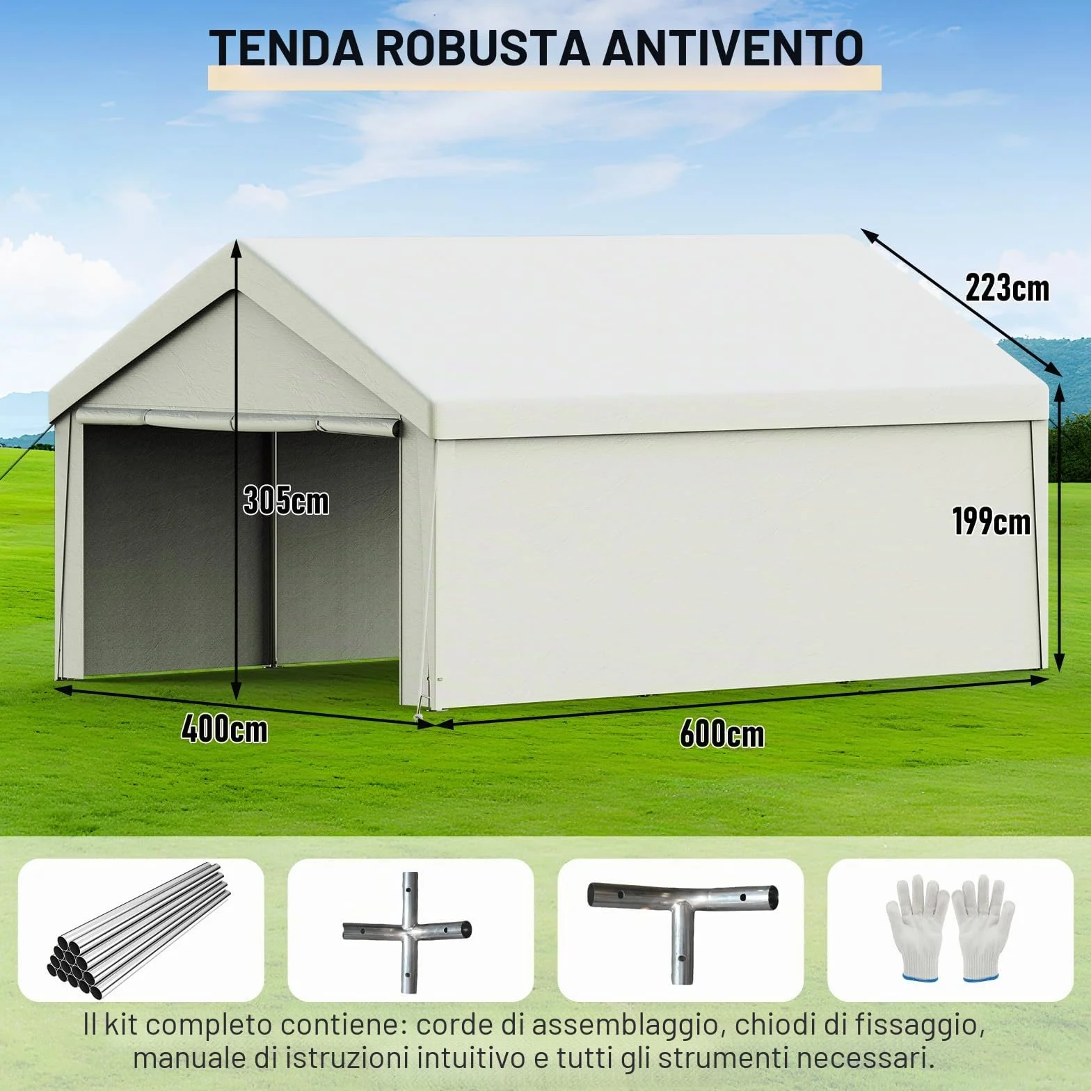 Carport Tenda Garage 4 x 6 m – Tenda da garage impermeabile con pareti laterali rimovibili – Resistente ai raggi UV – Rifugio invernale per auto, SUV, camion, barca, tenda da giardino, garage, bianco
