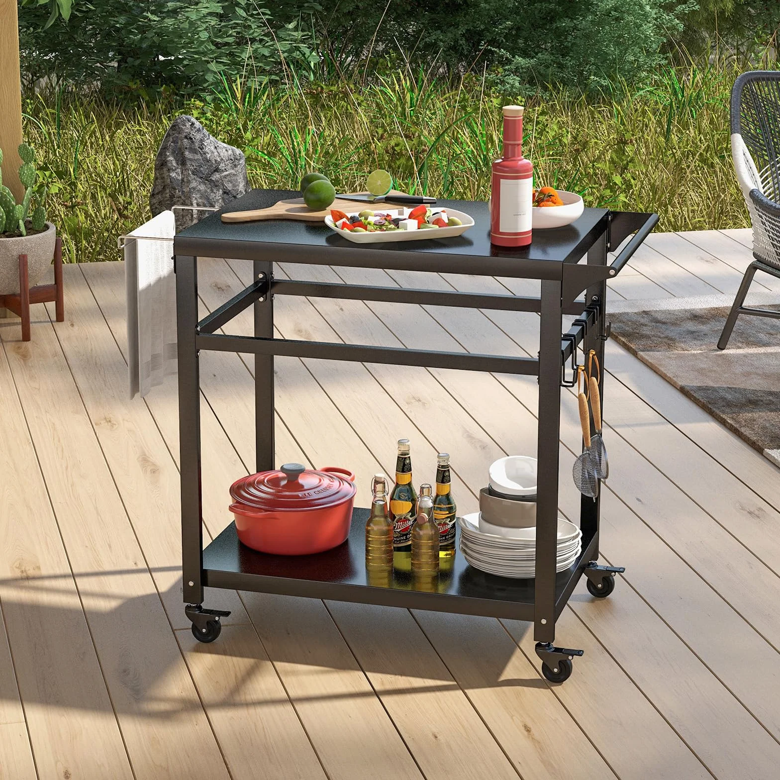 COSTWAY Carrello Barbecue da Esterno in Metallo con 2 Ripiani, 4 Ruote Bloccabili, Ganci, Maniglia Laterale