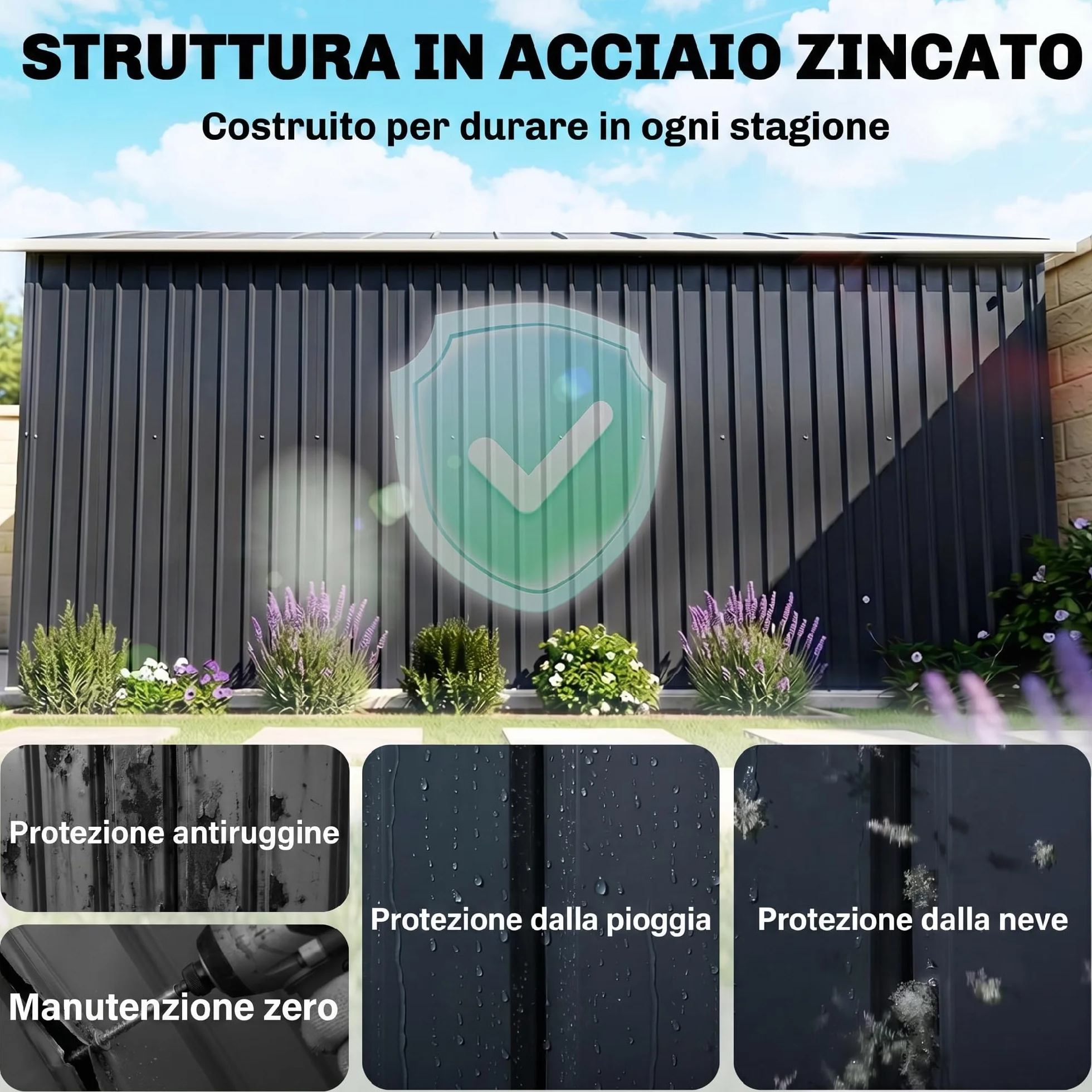 Outsunny Casetta da Giardino in Lamiera d'Acciaio 8.3 m² con 2 Porte Scorrevoli 277x322x192 cm Grigio Scuro