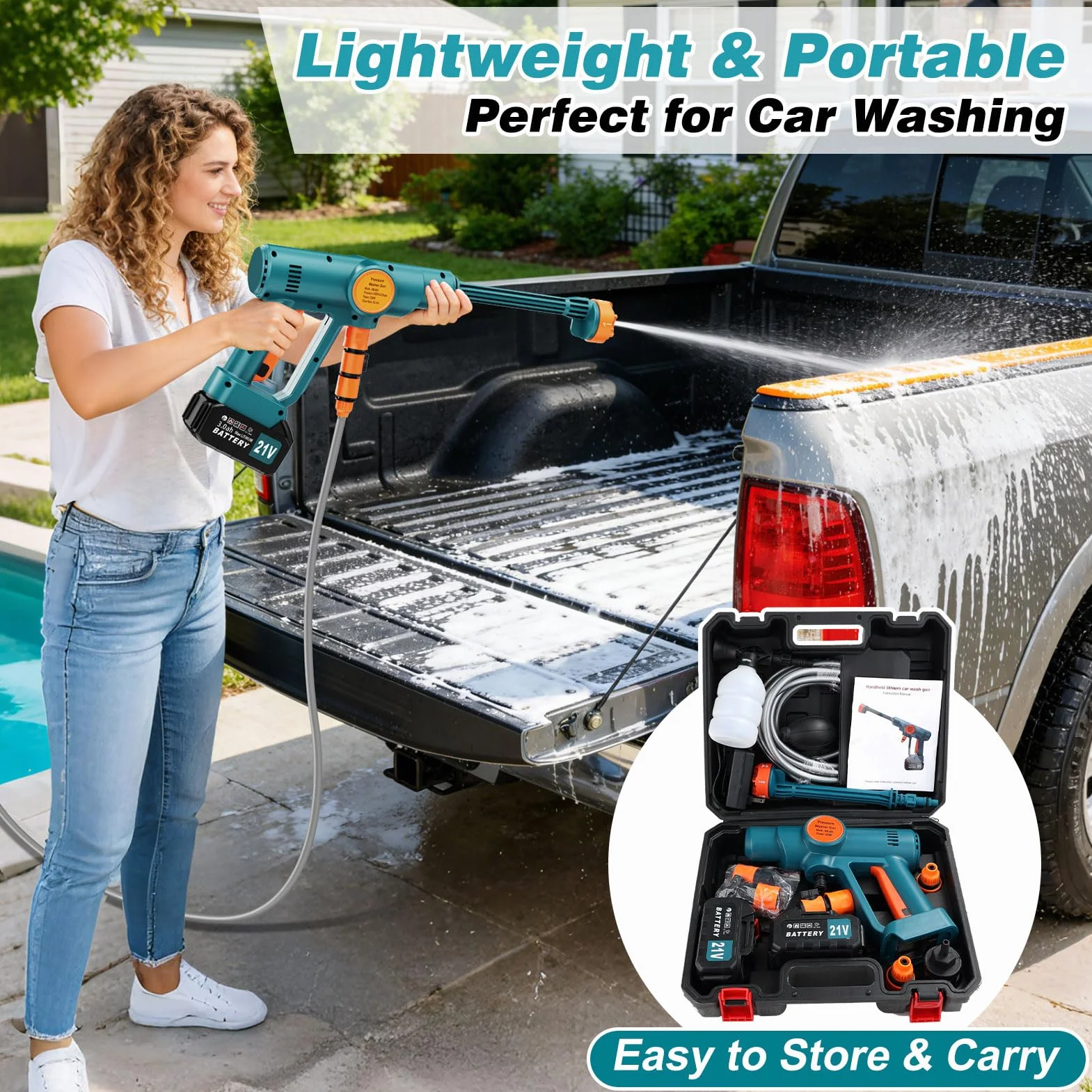 Idropulitrice Portatile a Batteria 2×3.0Ah Ugello 6 in 1 Senza Fili Collegamento a Rubinetto Diretto