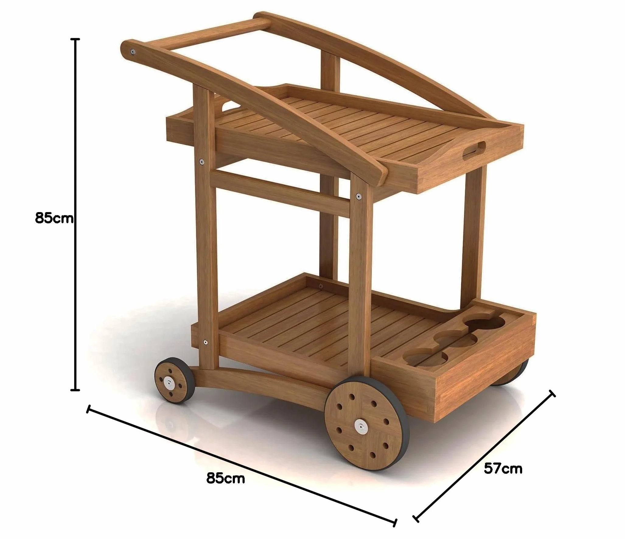 Carrello Portavivande in Legno Acacia Happy Tea con Vassoio Rimovibile e Ruote 85x57x85h cm