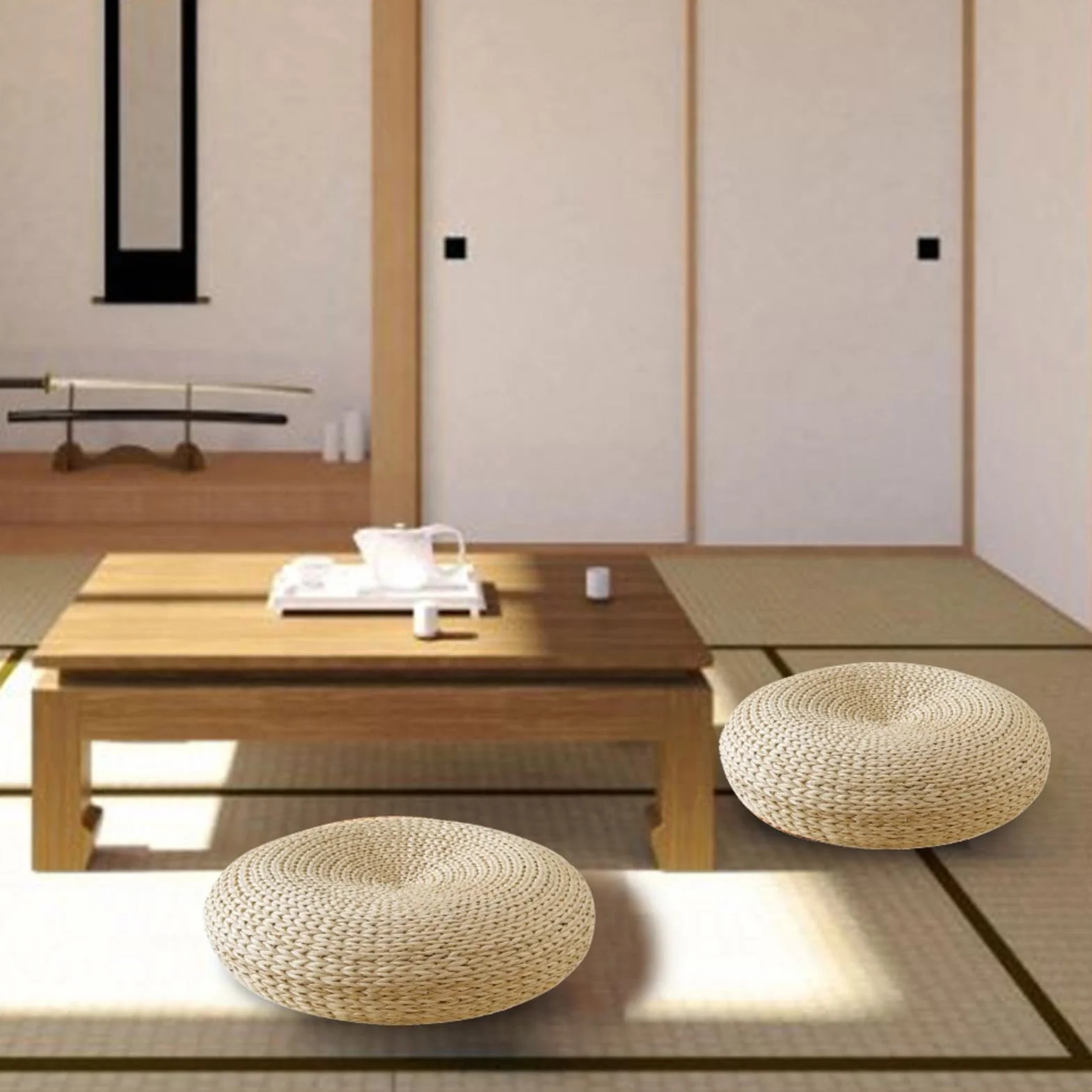 Futon, Cuscino in Vimini Naturale, Cuscino rotondo Tatami, Cuscino Seduta in Paglia da Terra Rotondo Tatami, Traspirante, Cuscino Rotondo da Pavimento, Decorazione per Salotto da Giardino