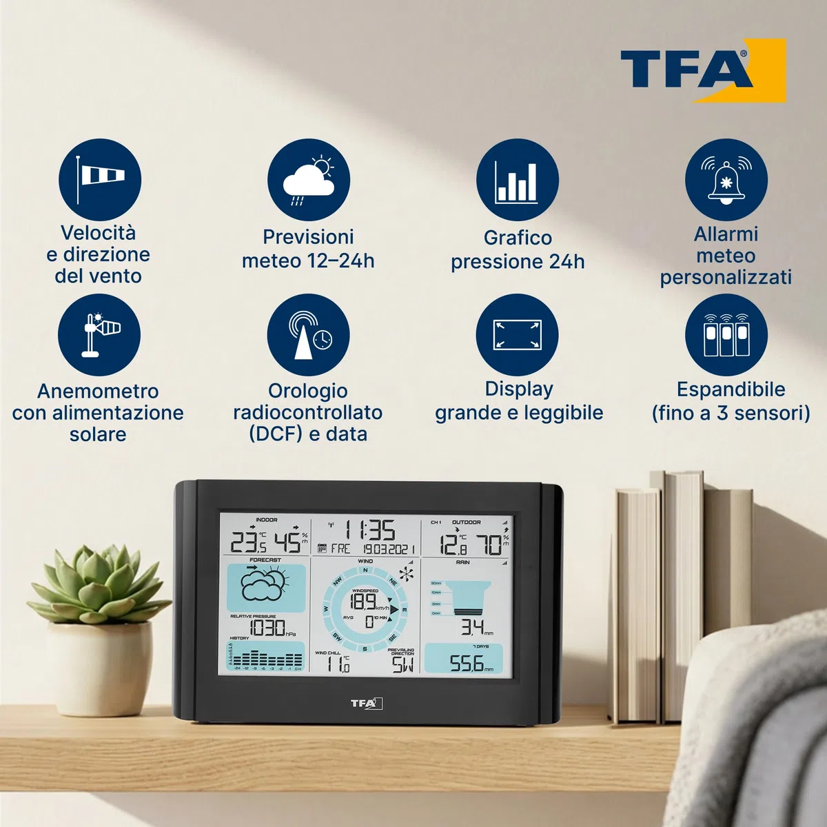 TFA Dostmann stazione meteo Weather Pro, 35.1161.01, con pluviometro, anemometro e sensore esterno, previsioni del tempo, radiocontrollata, temperatura e umidità, pressione atmosferica, nero