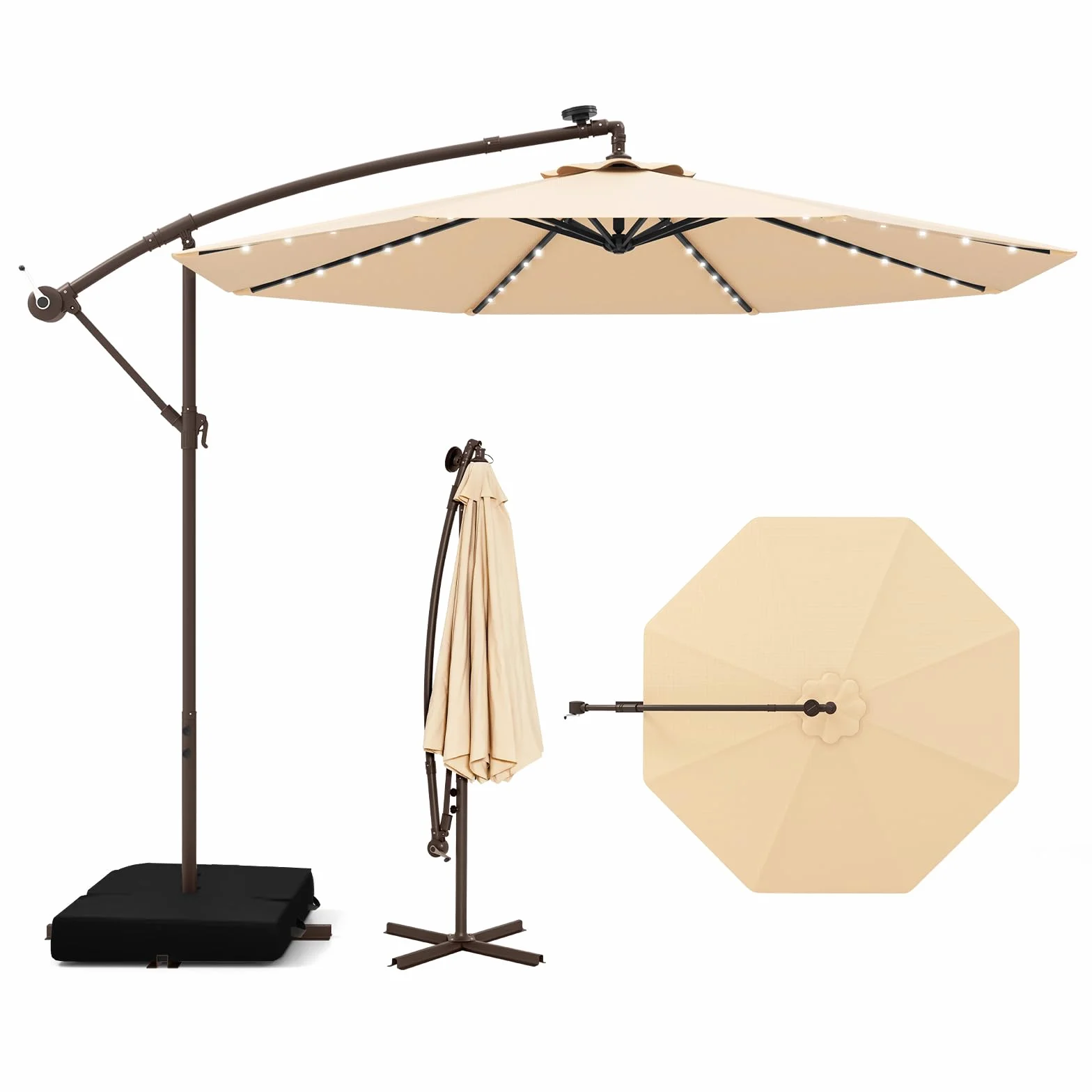 COSTWAY Ombrellone da Giardino 300 cm, Luci LED Solari, Anti-UV, Inclinazione Regolabile, Manovella, Beige
