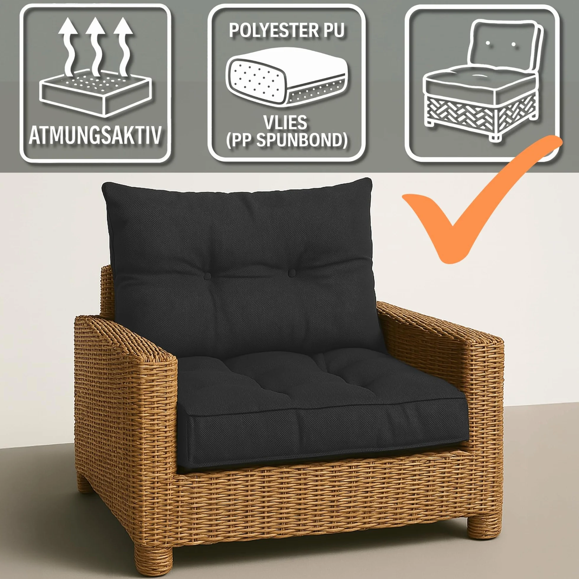 Amazinggirl Cuscino Lounge Arredo Giardino Set: seduta 60x60 cm e schienale 40x60 cm - Schienale Rattan Ideale per balcone terrazza outdoor comfort imbottitura spessa resistente Beige
