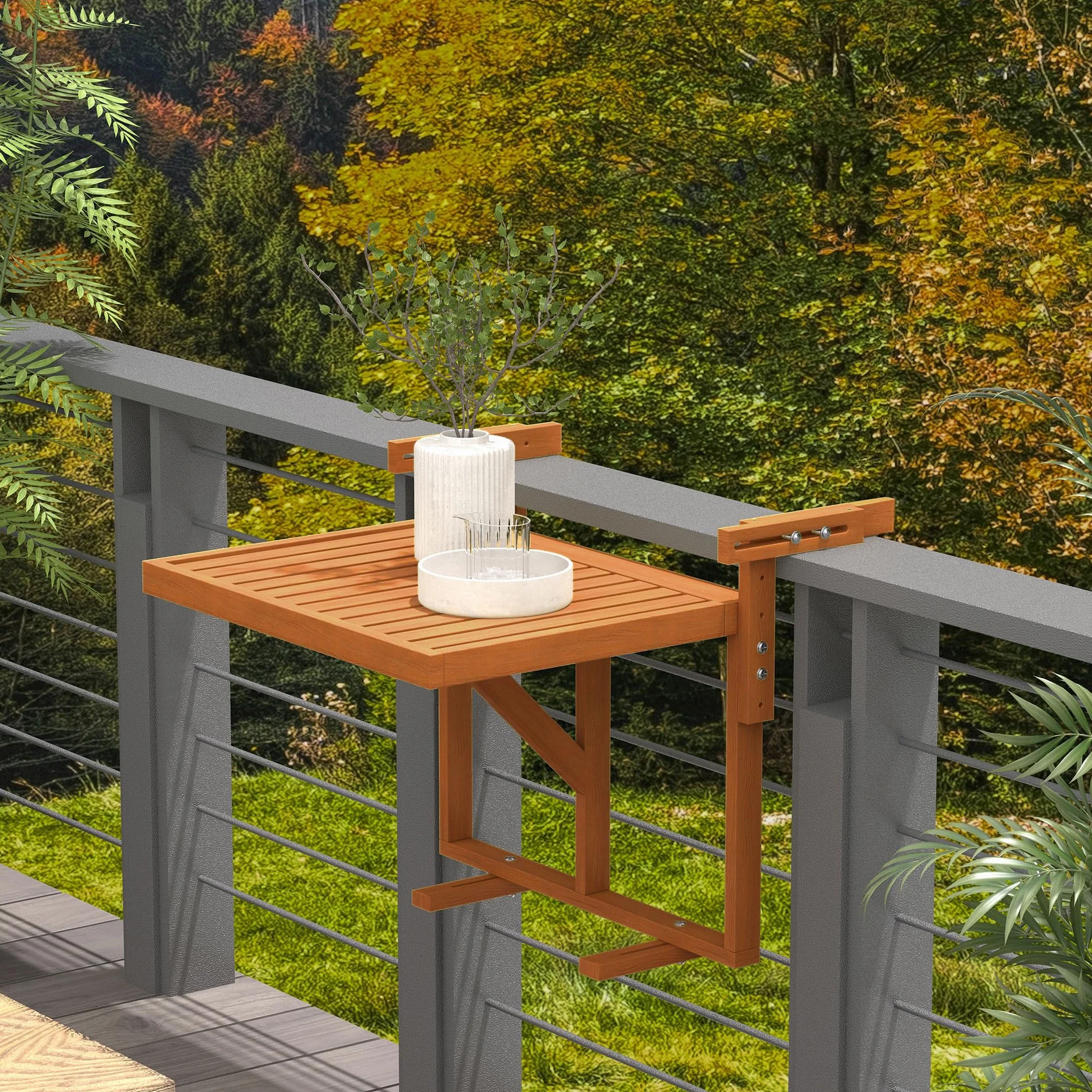 Outsunny Tavolino da Balcone Pieghevole Regolabile in Altezza 40.5-55cm, Legno di Pino, Teak