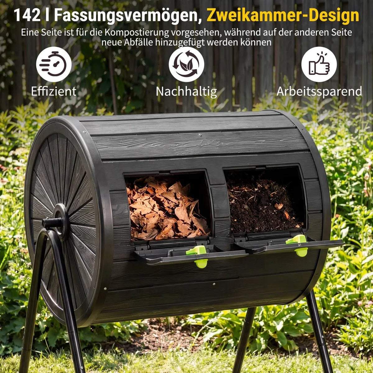 HOMASIS 142L Compostiera da Giardino, Compostiera Girevole a 360° in PP con Lame di Miscelazione, per Compostaggio Rifiuti Organici, Efficiente in 4-6 Settimane, Attrezzi da Giardinaggio (Nero)