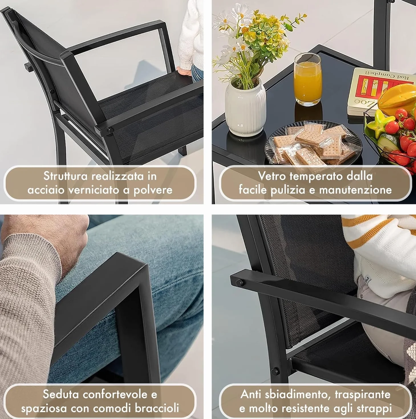 Salotto Da Esterno In Acciaio 2 Poltrone 1 Divano 1 Tavolo Giardino Esterno Con Seduta In Textilene Patio Salottino Relax Primavera Estate Mobili Estivi 4 Posti Tavolo Ripiano In Vetro - Nero