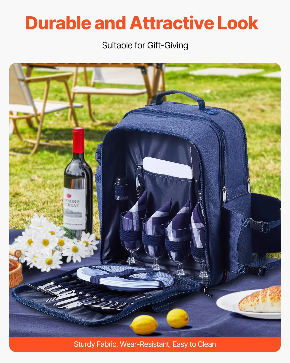 VEVOR Zaino da Picnic per 4 Persone, Capacità di 20 L Borsa da Picnic da Spiaggia con Portabottiglie Vino Staccabile, Coperta Leggera, Piatti e Sei di Posate per Esterni, Blu Marino