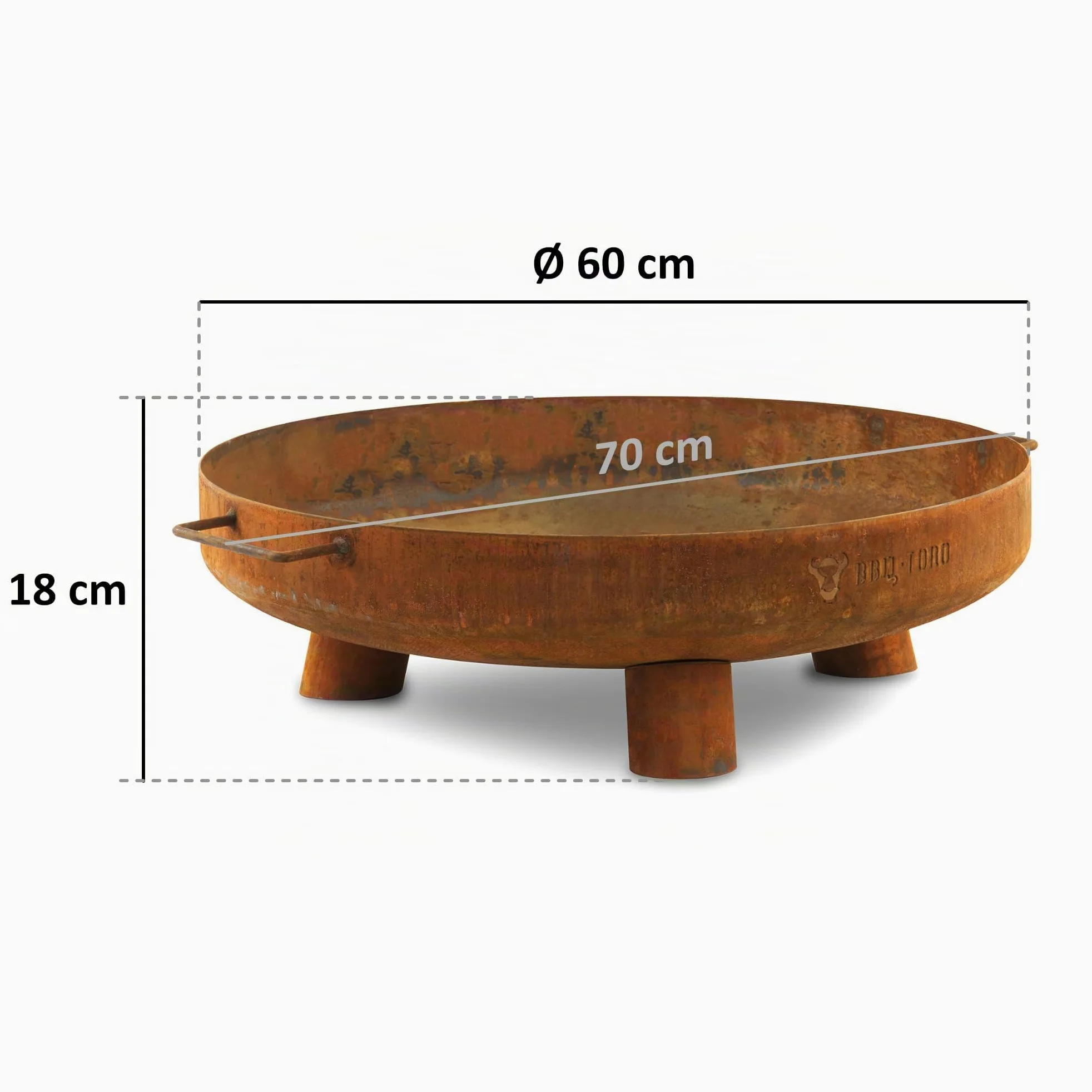 BBQ-Toro Ciotola per fuoco Ø 60 cm | effetto ruggine | ciotola per fuoco da esterno con tre gambe e due maniglie | Braciere da giardino, pozzo per fuoco, vassoio per fuoco