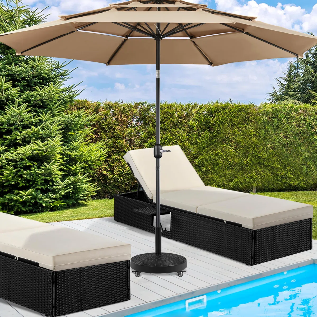 Yaheetech Base per Ombrellone da Giardino in Resina con Ruote da 25,3 kg Supporto per Pali da Ø38 mm e Ø48 mm Simile Rattan Esterno Veranda Terrazza Piscina Spiaggia Patio Nero