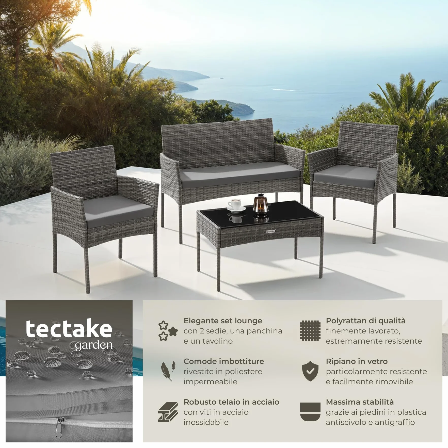 Tectake Set da Giardino in Rattan 4 Posti Polyrattan Resistente Cuscini Idrorepellenti Lavabili Tavolino Vetro di Sicurezza Grigio