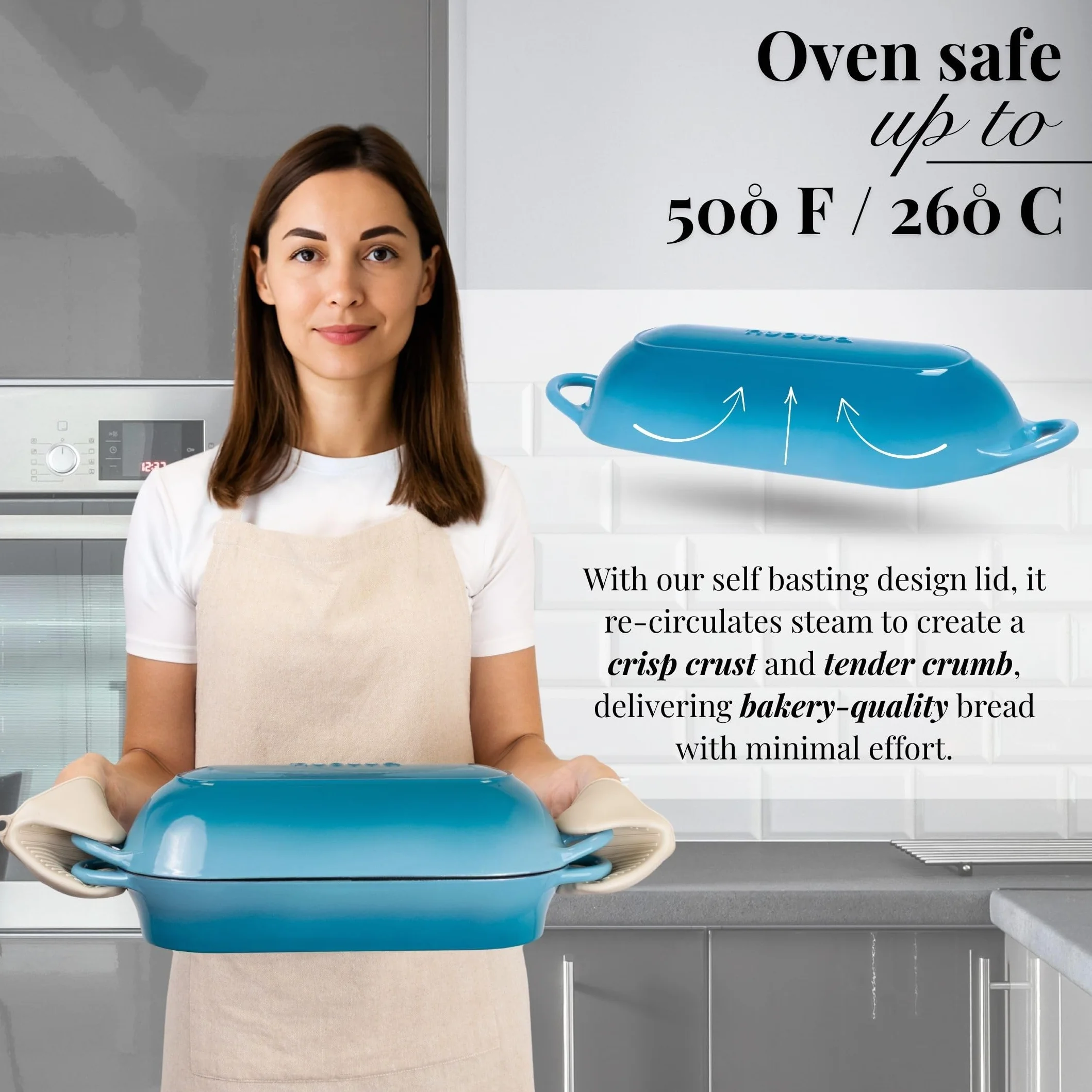 Teglia per pane in ghisa smaltata con coperchio per pane a lievito naturale per cuocere il pane grande pane ovale pesante forno olandese con manico Qt blu lavabile in lavastoviglie NUOVVA
