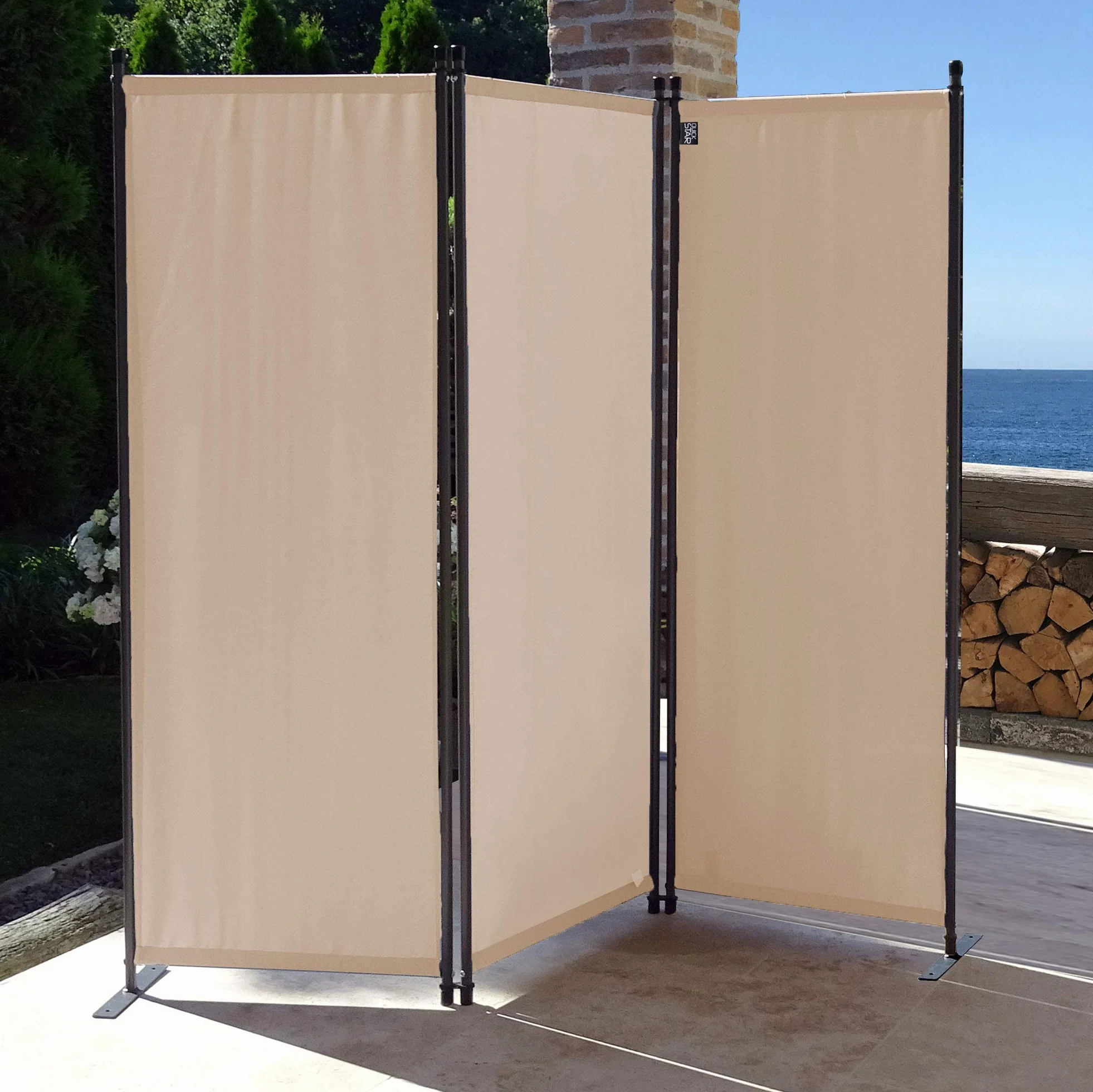 QUICK STAR Paravento da Giardino 170 x 165 cm 3 Parti Pieghevole Divisorio in Tessuto Beige