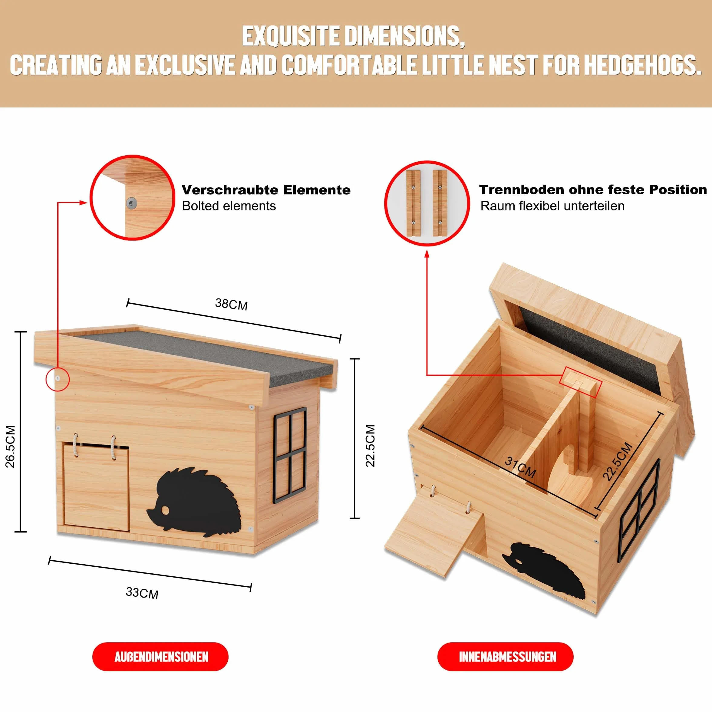 Mihoho Casa per Riccio Invernale in Legno, Hotel per Ricci con Fondo, a Prova di Gatto, Resistente alle intemperie, per Ricci, dormitorio, Giardino, Kit di Costruzione (faggio)