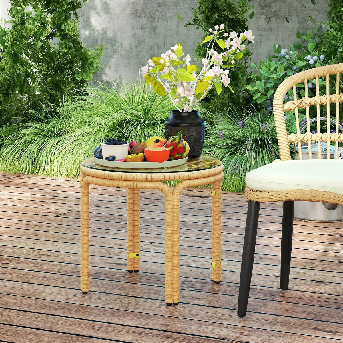 Outsunny Tavolino da Giardino in Rattan e Vetro, Tavolo da Caffè Rotondo Ø50x44 cm, Giallo